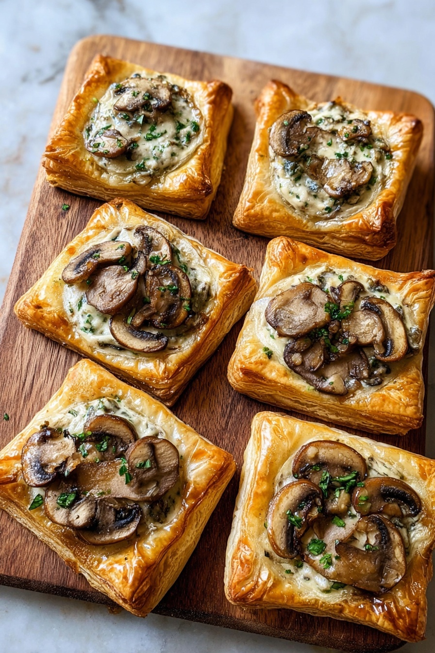 Mushroom and Goat Cheese Puff Pastry Tarts, savory mushroom tartlets, easy appetizer recipes, quick vegetarian starters, elegant puff pastry appetizers - Two square-shaped pastries sit on a wooden board with crispy, puffed, golden-brown edges. Each pastry has one main layer of creamy sauce mixed with chopped herbs, topped with thick slices of cooked mushrooms that are dark brown with a slightly glossy texture. The pastries have a soft, flaky base that is light beige inside, contrasting with the darker mushroom topping. The wooden board underneath is smooth with natural grain. photo taken with an iphone --ar 2:3 --v 7