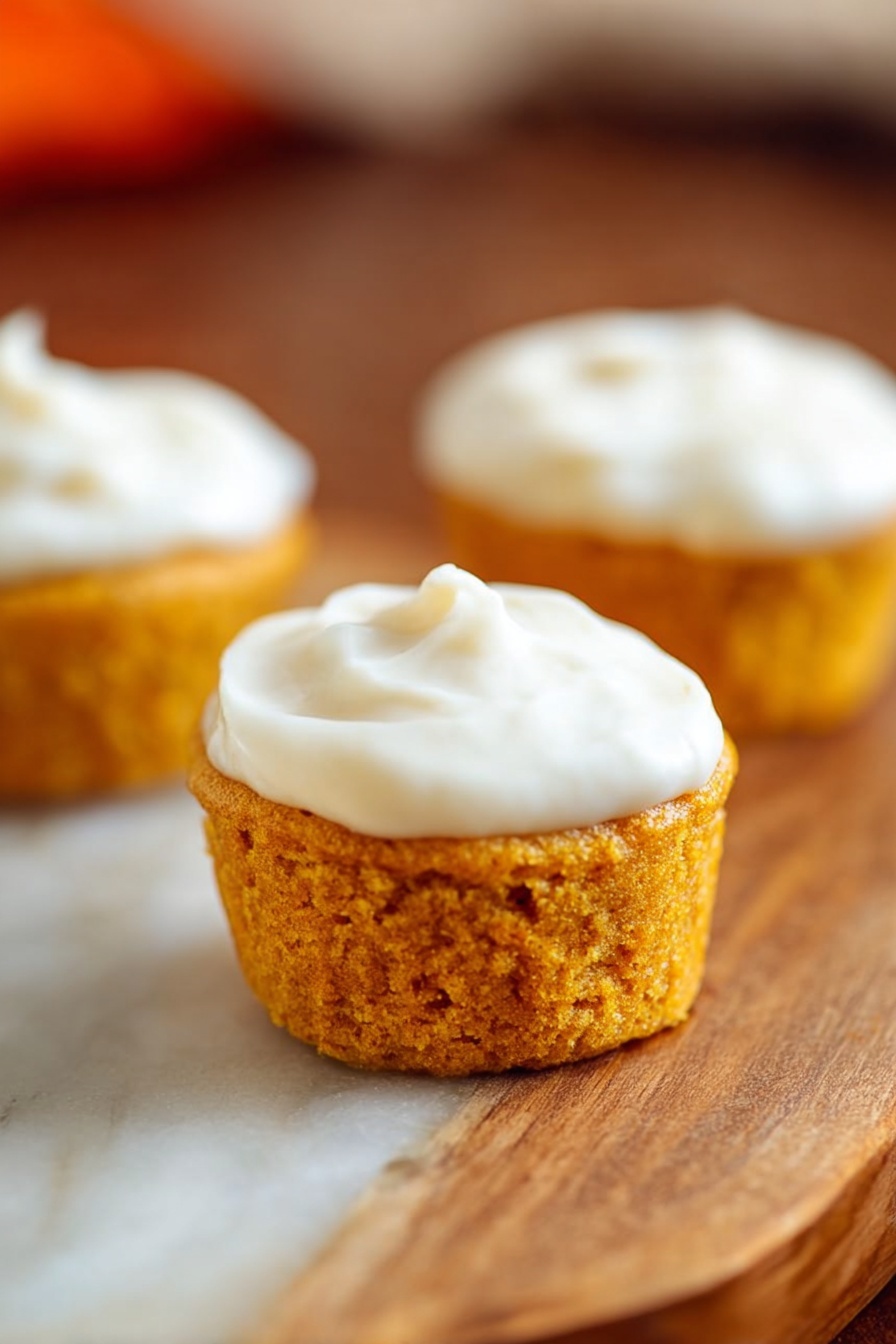 Flourless Pumpkin Muffins, pumpkin muffins without flour, healthy pumpkin muffin recipe, quick pumpkin muffin ideas, moist pumpkin muffin recipe - Three small round cupcakes sit on a wooden surface with a white marbled texture. Each cupcake has one layer of golden orange cake with a soft crumb texture. On top of each cake, there is a smooth layer of white frosting spread evenly. The focus is on the closest cupcake in the front center, with the other two slightly blurred in the background. photo taken with an iphone --ar 2:3 --v 7