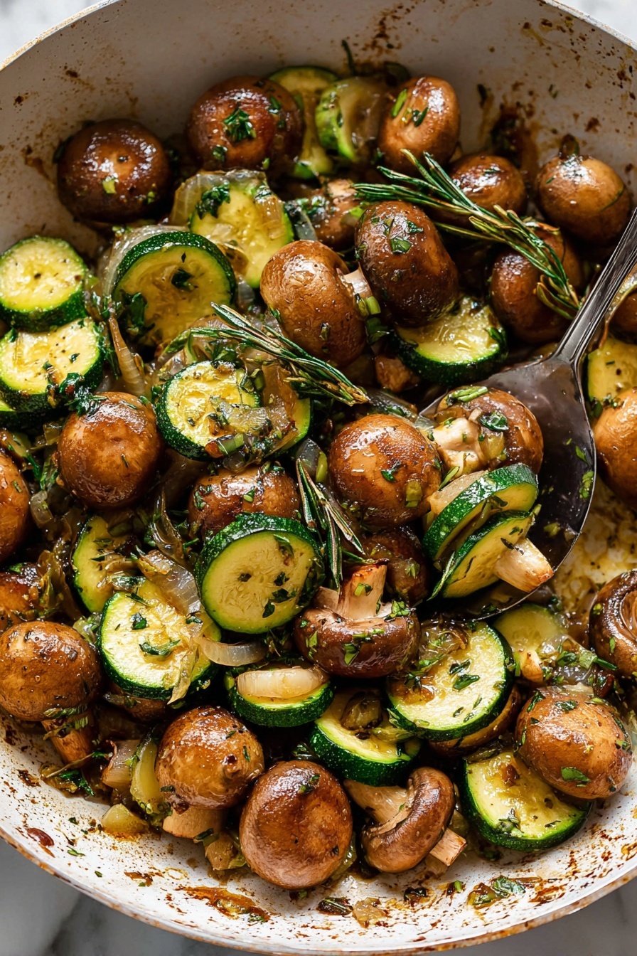 Skillet Zucchini and Mushrooms, healthy vegetable side dish, quick zucchini mushroom recipe, easy veggie stir-fry, flavorful zucchini mushroom skillet - The image shows a pan full of cooked mushrooms and zucchini slices mixed with small bits of onion and herbs. The mushrooms are golden brown and round, some whole and some with the tops showing a soft, textured surface. The zucchini slices are curved half-moons with a bright green skin and light green inside. Small green herbs are sprinkled all over, with a few whole twig-like herbs placed on top. The vegetables look moist and shiny with a slight oily glaze. The pan is white with a few brown cooked bits sticking to the sides, sitting on a white marbled surface. A silver spoon is scooping some of the mix from the pan. photo taken with an iphone --ar 2:3 --v 7