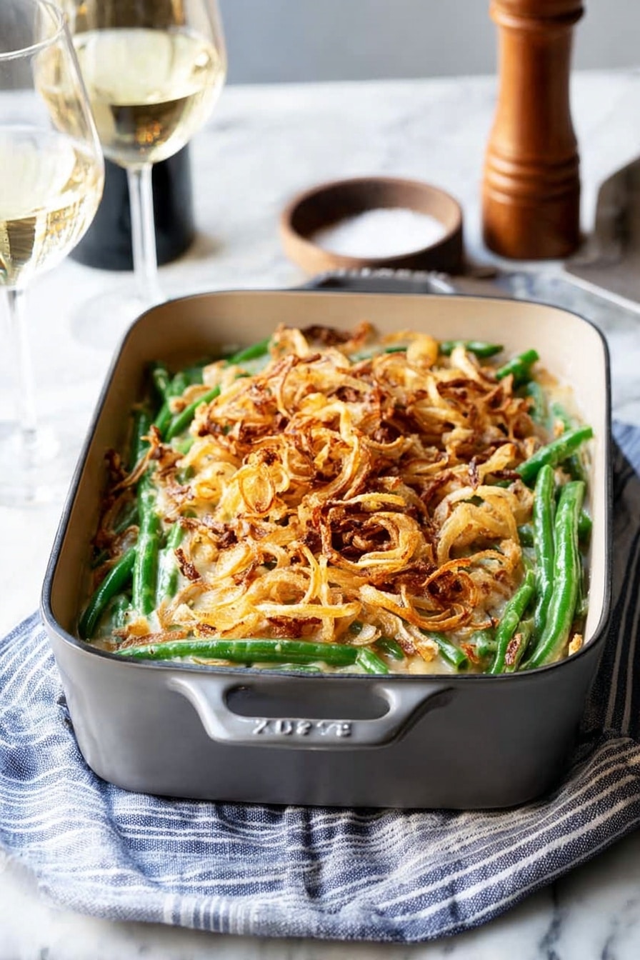 Green Bean Casserole with Cremini Mushrooms and Crispy Onions, healthy green bean casserole, homemade green bean casserole, mushroom green bean bake, festive vegetable side dish - A rectangular gray casserole dish filled with a layered green bean casserole sits on a white marbled surface with a blue and white striped cloth beneath it. The bottom layer consists of fresh, bright green beans arranged evenly, topped with a thick layer of creamy sauce mixed with the beans, and the top layer shows golden brown, crispy fried onions scattered generously, some darker and some lighter in color creating a textured look. In the background, there is a clear glass of white wine, a bottle, a wooden pepper grinder, and a small bowl of salt, all resting on the same white marbled surface. The dish looks warm and ready to serve. photo taken with an iphone --ar 2:3 --v 7