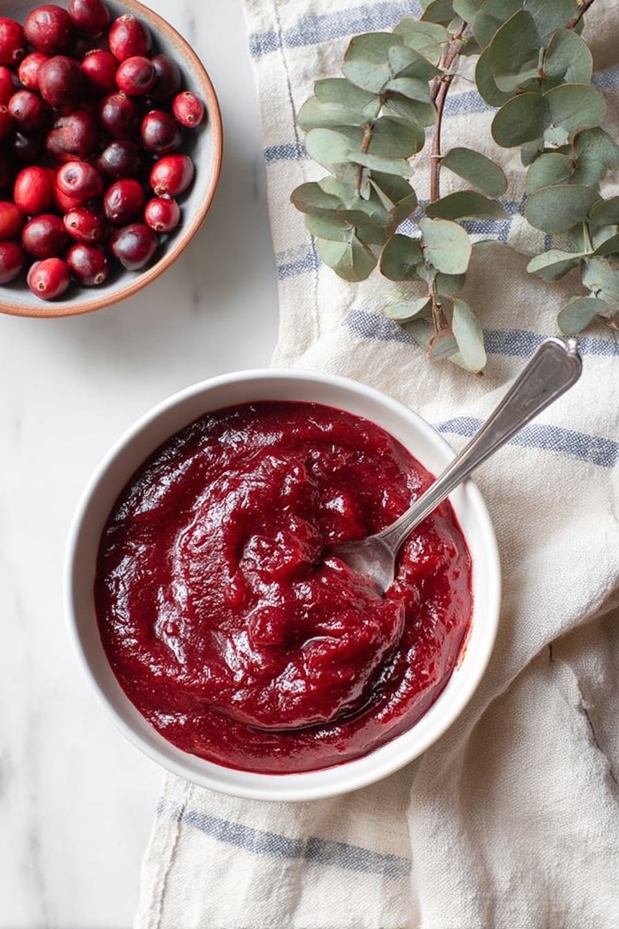 Sweet and Tangy Cranberry Sauce with Maple and Orange Zest, cranberry sauce with orange zest, homemade cranberries sauce, holiday cranberry sauce, easy cranberry sauce recipe - A white bowl filled with smooth, thick red cranberry sauce with a shiny texture and some small visible cranberry pieces inside; a silver spoon rests partially inside the sauce, its handle sticking out to the top right. Next to the bowl, on the left side, is a white bowl with whole cranberries, round and shiny, ranging from dark to bright red. A green eucalyptus branch is seen in the upper right background, resting on a white marbled surface covered with a soft white cloth and a beige cloth with blue stripes. Photo taken with an iphone --ar 2:3 --v 7