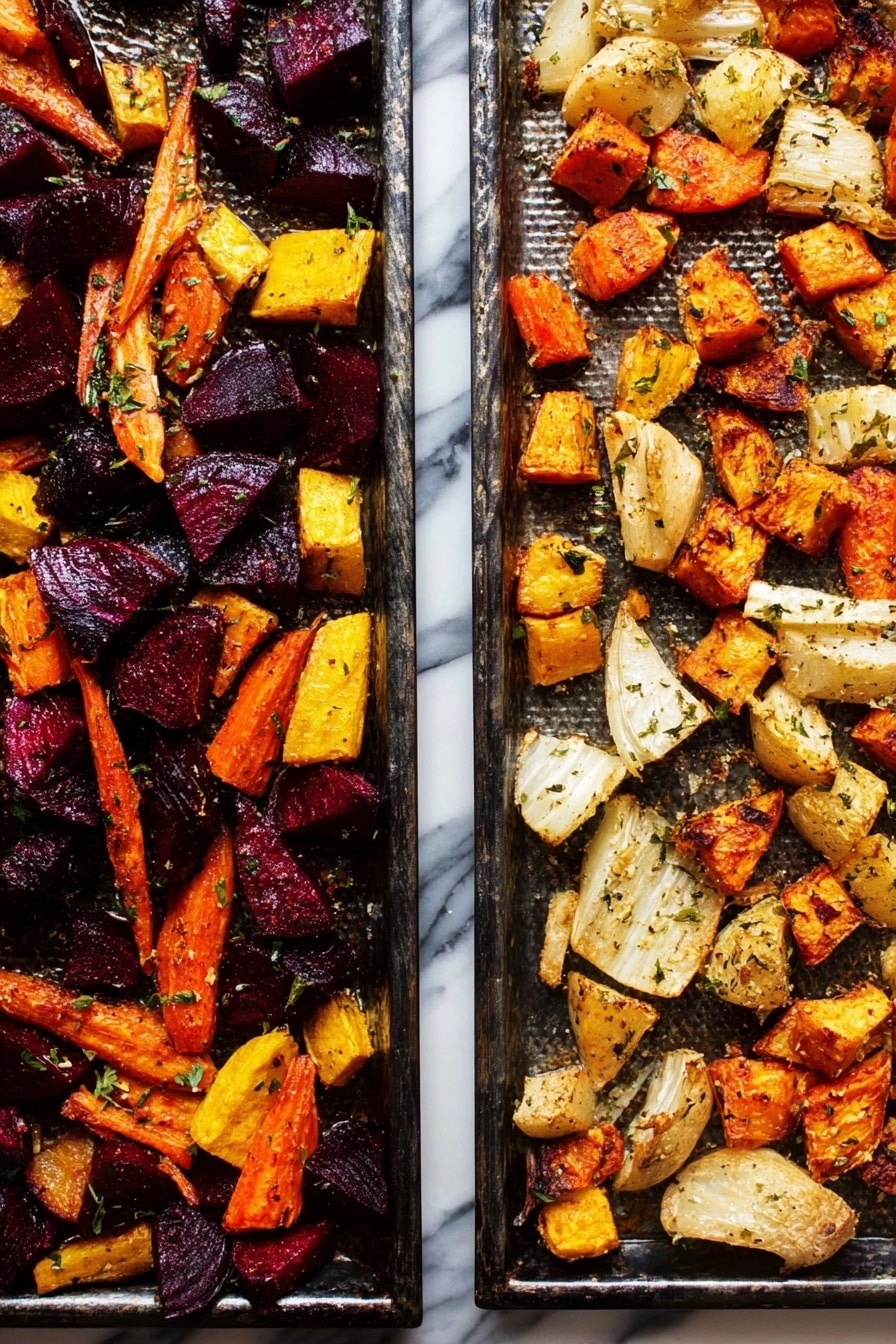 Roasted Root Vegetables with Crispy Sage and Sage Oil, roasted vegetable side dish, caramelized root veggies, crispy sage garnish, sage oil recipe - The image shows two baking trays side by side filled with roasted vegetables. The left tray contains roughly chopped pieces of beets in dark purple, carrots in bright orange, and yellow beets, all mixed and sprinkled with herbs and seasoning, with a slightly shiny roasted texture. The right tray features a mix of golden brown roasted sweet potatoes, white parsnips, and beige root vegetables, all cut into irregular chunks and coated with herbs and spices giving a caramelized look. Both trays have a metal texture underneath the vegetables and are placed on a white marbled surface. Photo taken with an iphone --ar 2:3 --v 7