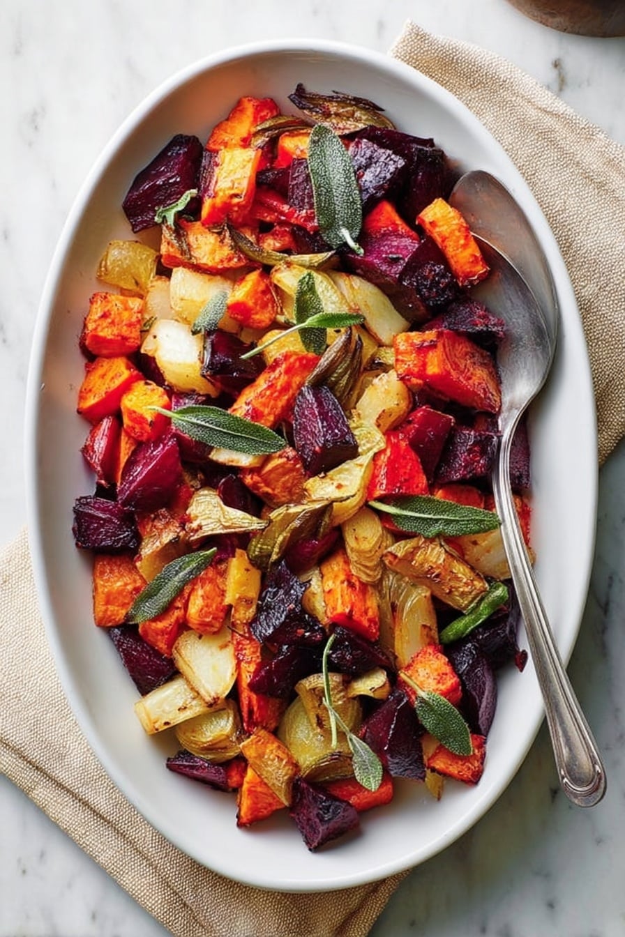 Roasted Root Vegetables with Crispy Sage and Sage Oil, roasted vegetable side dish, caramelized root veggies, crispy sage garnish, sage oil recipe - A white oval dish filled with a colorful mix of roasted vegetables in layers: bright orange sweet potato chunks, deep purple beet pieces, caramel-colored parsnip slices, and pale beige root vegetable bits, all mixed together and garnished with fresh green sage leaves scattered on top. A silver spoon rests on the right side of the dish, and a light beige napkin is tucked under the spoon. The background is a white marbled surface. Photo taken with an iphone --ar 2:3 --v 7