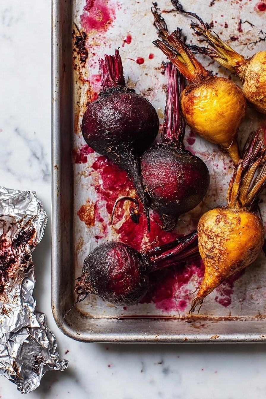Roasted Beets with Olive Oil, Salt, and Pepper, healthy roasted beets, easy beet side dish, simple roasted beet recipe, flavorful beet preparation - The image shows a metal baking tray on a white marbled surface, holding six roasted root vegetables. There are three deep purple-red beets on the left and three golden-yellow beets on the right, each with rough, slightly charred skin and stems attached. The tray has splatters of red beet juice around the vegetables. In the bottom left corner, a crumpled piece of aluminum foil with dark red stains is visible. Photo taken with an iphone --ar 2:3 --v 7