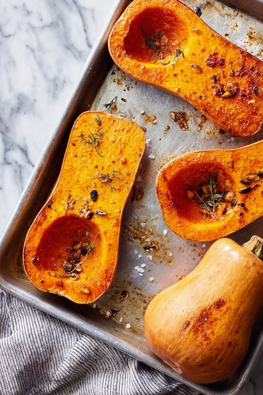 Roasted Honeynut Squash with Whipped Ricotta and Toasted Walnuts, Honeynut Squash recipes, Fall vegetable dinner ideas, Cozy roasted squash dishes, Easy squash side recipes - The image shows a metal baking tray with four pieces of roasted butternut squash on it. Three halves of squash are empty inside, showing orange, slightly caramelized flesh with dark roasted seeds and small black herb pieces scattered over them. One whole squash piece remains uncut and roasted, with a light brown skin, small black pepper spots, and some oil glistening on it. The tray has small browned oil spots and some salt crystals. Under the tray is a grey and white striped cloth, and the background is a white marbled texture. photo taken with an iphone --ar 2:3 --v 7