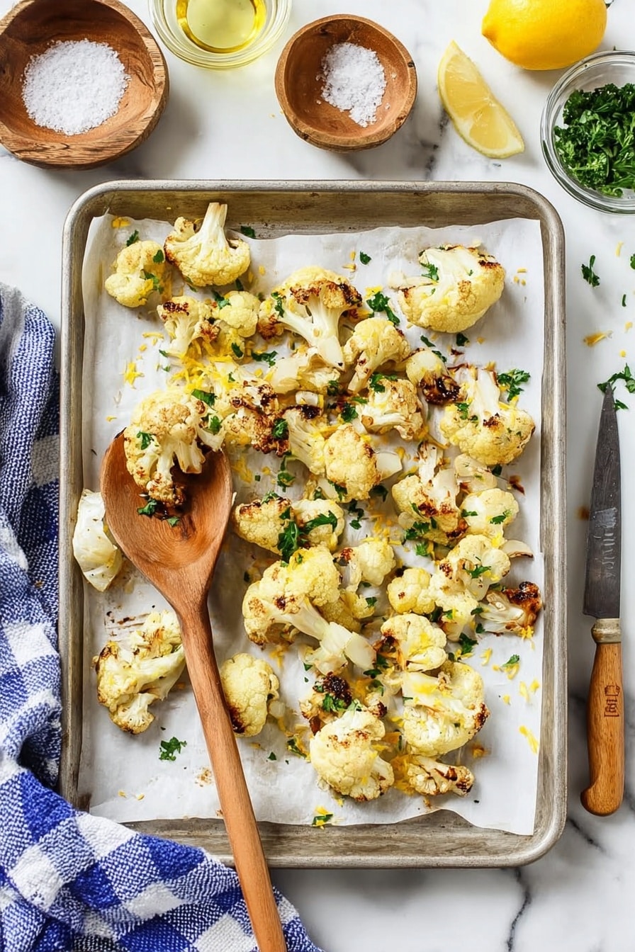 Roasted Cauliflower with Lemon, Parsley, and Parmesan, roasted cauliflower side dish, lemon herb cauliflower, healthy roasted vegetable recipe, easy cauliflower recipes - A white baking tray is filled with golden brown roasted cauliflower pieces, each lightly charred at the edges with a crispy texture. Small green herb bits, likely parsley, are scattered evenly over the cauliflower, adding a fresh pop of color. A round, wooden spoon holds a few cauliflower pieces near the top left of the tray. The scene rests on a white marbled surface, with a touch of golden yellow from a dish partially visible to the right. photo taken with an iphone --ar 2:3 --v 7