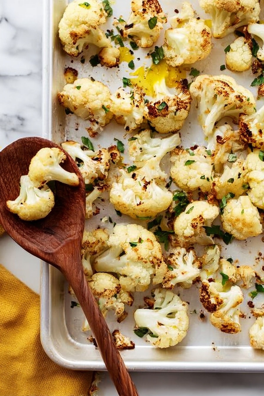 Roasted Cauliflower with Lemon, Parsley, and Parmesan, roasted cauliflower side dish, lemon herb cauliflower, healthy roasted vegetable recipe, easy cauliflower recipes - The image shows many pieces of roasted cauliflower scattered on a white marbled surface. The cauliflower has a light golden brown color with some darker roast spots, giving it a slightly crispy look. Small bits of green herbs and tiny orange zest pieces are sprinkled all over the cauliflower, adding color contrast. A wooden spoon lies among the cauliflower pieces, holding one small piece and some herbs. The texture of the cauliflower looks soft inside but crunchy on the outside. The overall scene is bright and fresh. photo taken with an iphone --ar 2:3 --v 7