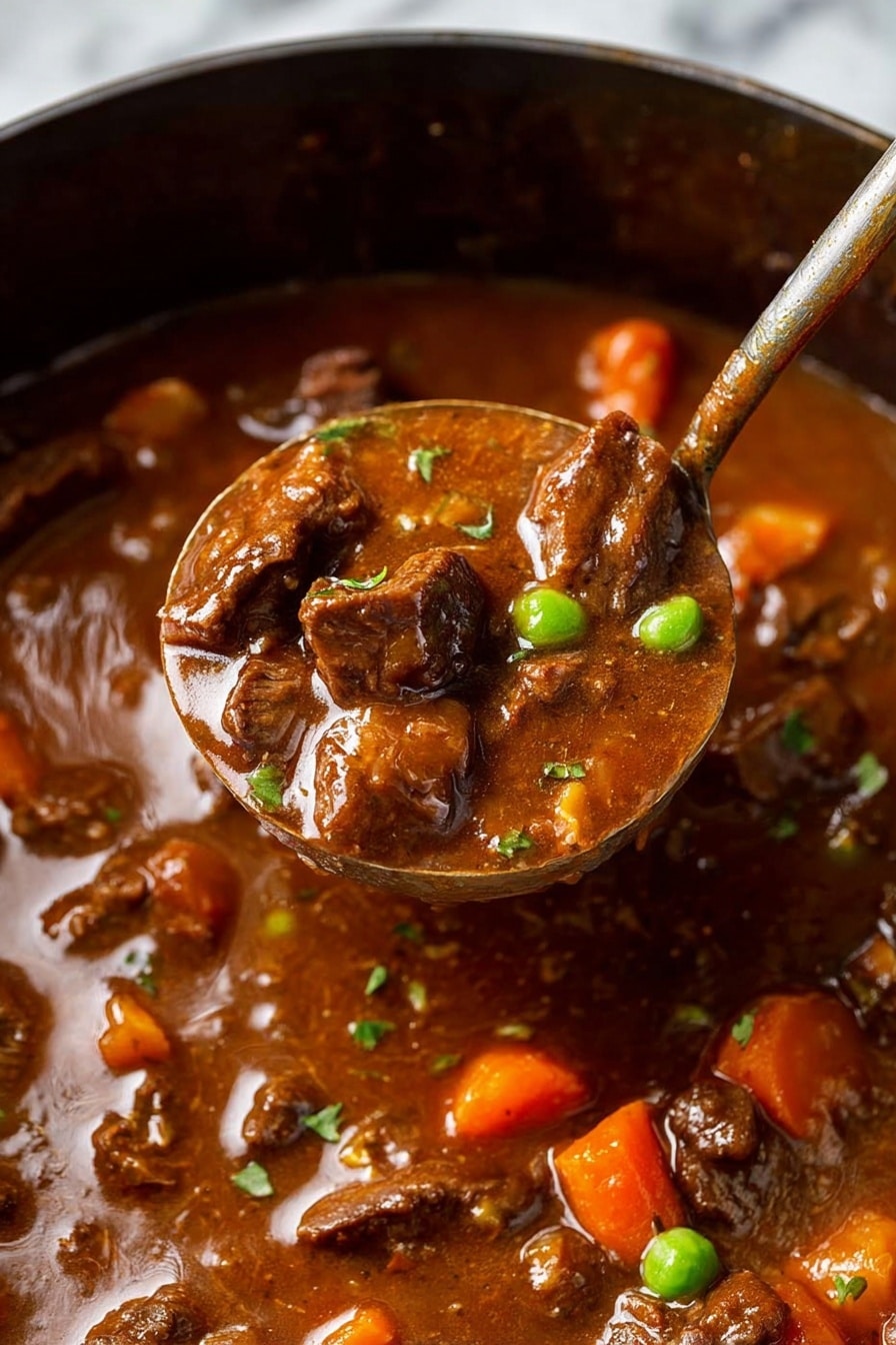 Slow Cooker Beef Stew, beef stew recipe, hearty beef stew, easy slow cooker meal, comforting beef stew - The image shows a thick beef stew with a rich brown sauce, filled with tender dark brown pieces of beef, bright orange chunks of carrots, and a few green peas scattered throughout. In the center, a metal ladle lifts a portion of the stew, fully loaded with the same ingredients, the sauce shiny and smooth with visible herbs. The stew fills the frame, resting on a white marbled surface. photo taken with an iphone --ar 2:3 --v 7