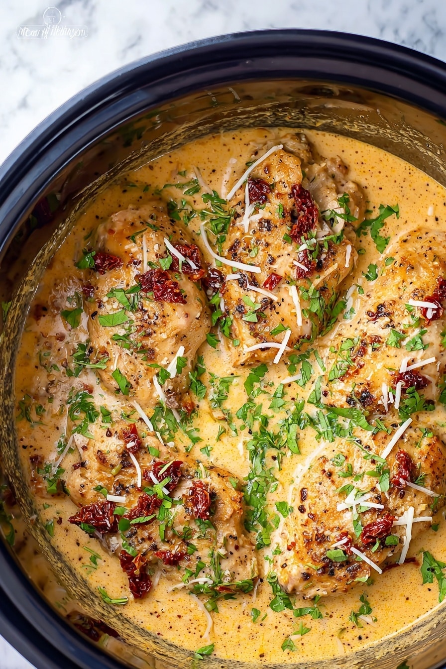 Crock Pot Marry Me Chicken, slow cooker Marry Me Chicken, easy instant pot chicken, creamy garlic chicken recipes, weeknight dinner ideas - The image shows four cooked chicken pieces in a creamy, thick sauce inside a black pot. The sauce is light orange-yellow with a smooth texture. The chicken pieces are golden brown with some dark red-brown bits on top that look like sun-dried tomatoes or spices. Fresh green herbs, probably chopped parsley or basil, are sprinkled all over the chicken and sauce. There are also thin white shreds, likely grated cheese, spread evenly on top. The pot is placed on a white marbled surface. photo taken with an iphone --ar 2:3 --v 7