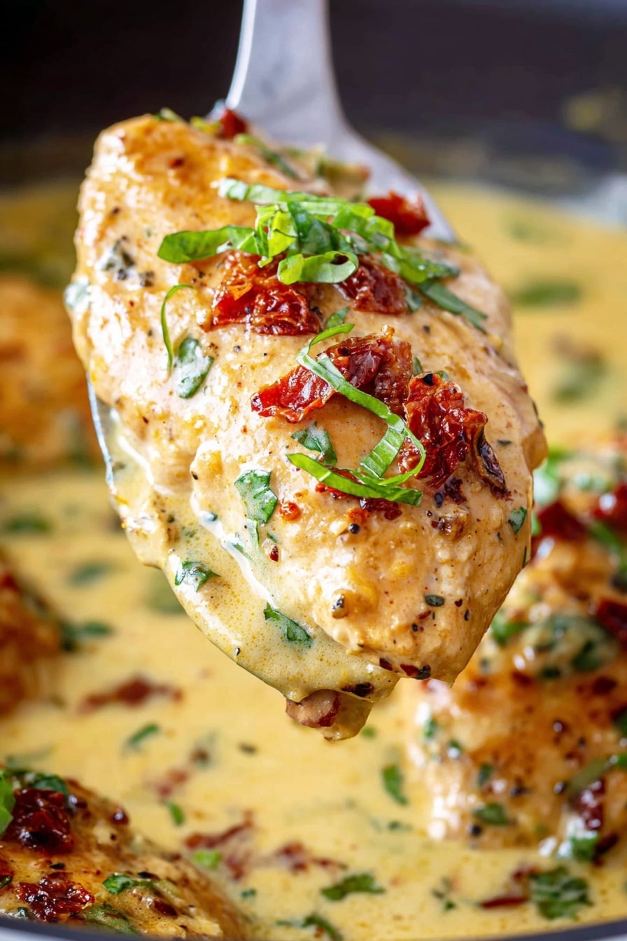 Crock Pot Marry Me Chicken, slow cooker Marry Me Chicken, easy instant pot chicken, creamy garlic chicken recipes, weeknight dinner ideas - The image shows a close-up of a single cooked piece of chicken covered in creamy sauce with small bits of sun-dried tomatoes and fresh green herbs on top. The chicken is held above a pan filled with more creamy sauce, with additional pieces of chicken partially visible under the sauce. The sauce is a pale yellow color with bits of tomato and herbs scattered throughout, and the chicken looks tender and juicy with a slightly browned surface. The photo is sharp, with the details of the herbs and sauce texture clear. photo taken with an iphone --ar 2:3 --v 7