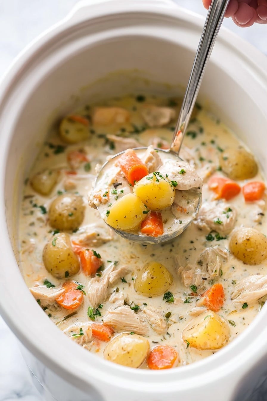 Slow Cooker Garlic Parmesan Chicken Stew, Easy Crockpot Chicken Stew, comforting chicken recipes, hearty slow cooker dinners, Parmesan chicken recipes - A white crockpot filled with creamy chicken stew, containing chunks of white chicken meat, small yellow potatoes, orange carrot slices, and small bits of green herbs scattered throughout, the stew has a thick light cream-colored broth, a woman's hand is holding a silver ladle lifting a portion of the stew above the pot, showing the layers of chicken, potatoes, and carrots in the thick sauce, the background and surface are white marbled texture photo taken with an iphone --ar 2:3 --v 7
