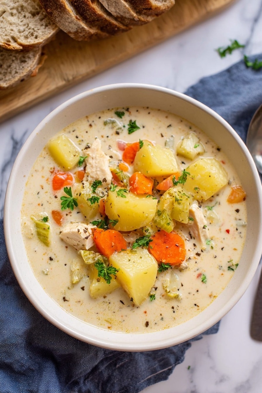 Slow Cooker Garlic Parmesan Chicken Stew, Easy Crockpot Chicken Stew, comforting chicken recipes, hearty slow cooker dinners, Parmesan chicken recipes - The image shows a white bowl filled with creamy soup that has several layers of ingredients. The base layer is a thick, light beige cream soup with small black specks of pepper. On top, there are chunks of yellow potatoes with skin, bright orange carrot pieces, and small pieces of white chicken meat. Green parsley leaves are sprinkled over the soup for color. The bowl rests on a white marbled surface with a blue-gray cloth beside it, and a wooden board with sliced rustic bread is partly shown at the top left. Photo taken with an iphone --ar 2:3 --v 7