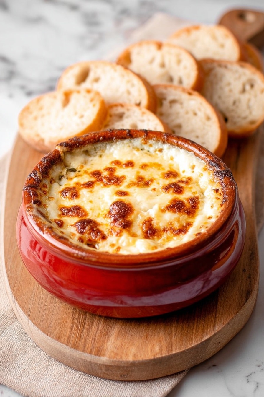 Baked Spinach Dip, creamy spinach dip, cheesy spinach dip, easy spinach dip, hot spinach appetizer - A woman's hand is lifting a piece of bread topped with creamy spinach and melted cheese, with long cheese strands stretching from the piece to a round red ceramic bowl below. The bowl is filled with a baked and bubbly layer of golden-brown melted cheese on top, underneath which is visible a creamy spinach mixture. The bowl is placed on a wooden board with more bread slices blurred in the background, all set on a white marbled surface. Photo taken with an iphone --ar 2:3 --v 7