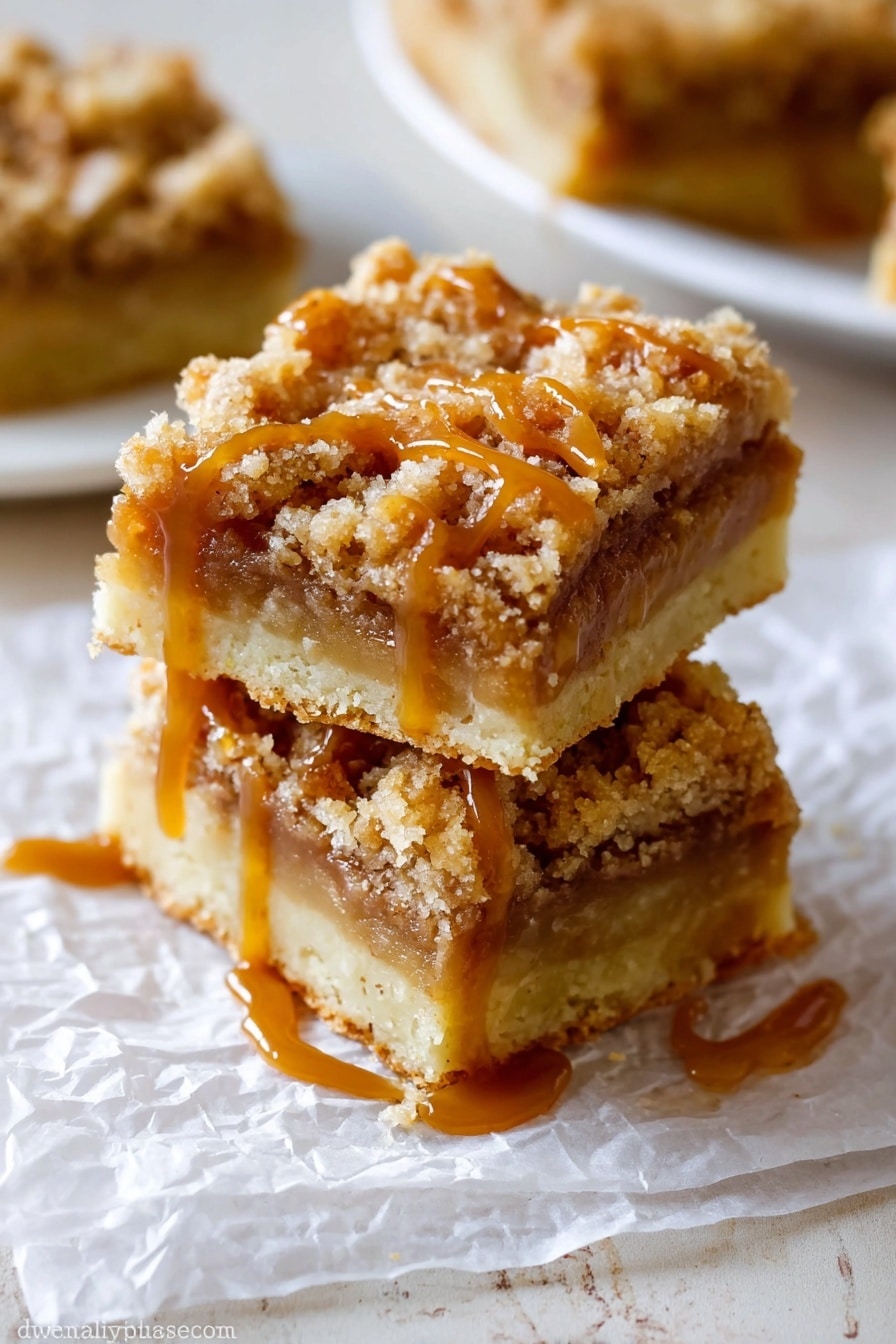 Salted Caramel Apple Pie Bars, apple pie bars recipe, salted caramel dessert, apple dessert bars, easy fall dessert - Two square bars are stacked on top of each other on a piece of crinkled parchment paper. Each bar has three visible layers: a pale yellow bottom crust, a light brown middle layer with small chunks, and a golden crumbly top layer. A shiny caramel sauce is drizzled over the top and is slightly dripping down the sides of the bars. The surface underneath is a white marbled texture. In the background, there is a blurred white plate with more bars. photo taken with an iphone --ar 2:3 --v 7
