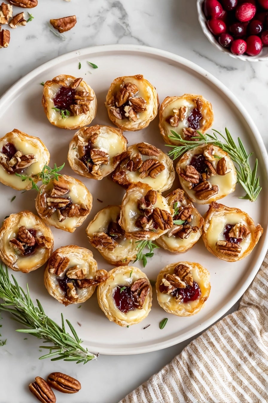 Cranberry Brie Bites without Puff Pastry, Cranberry Brie Bites, Holiday Appetizers with Cranberries and Brie, Easy Brie Bites for Parties, Puff Pastry Cranberry Brie Appetizer - The image shows a white plate with six small puff pastry cups. Each cup has a golden brown crust, filled with melted pale yellow cheese and sprinkled with pieces of toasted pecans. On top of each cup, there is a small sprig of fresh green rosemary, adding a pop of color. The pastries are arranged in a circular shape on a white marbled surface. The photo is close up, focusing on the texture of the flaky pastry and glossy cheese. photo taken with an iphone --ar 2:3 --v 7