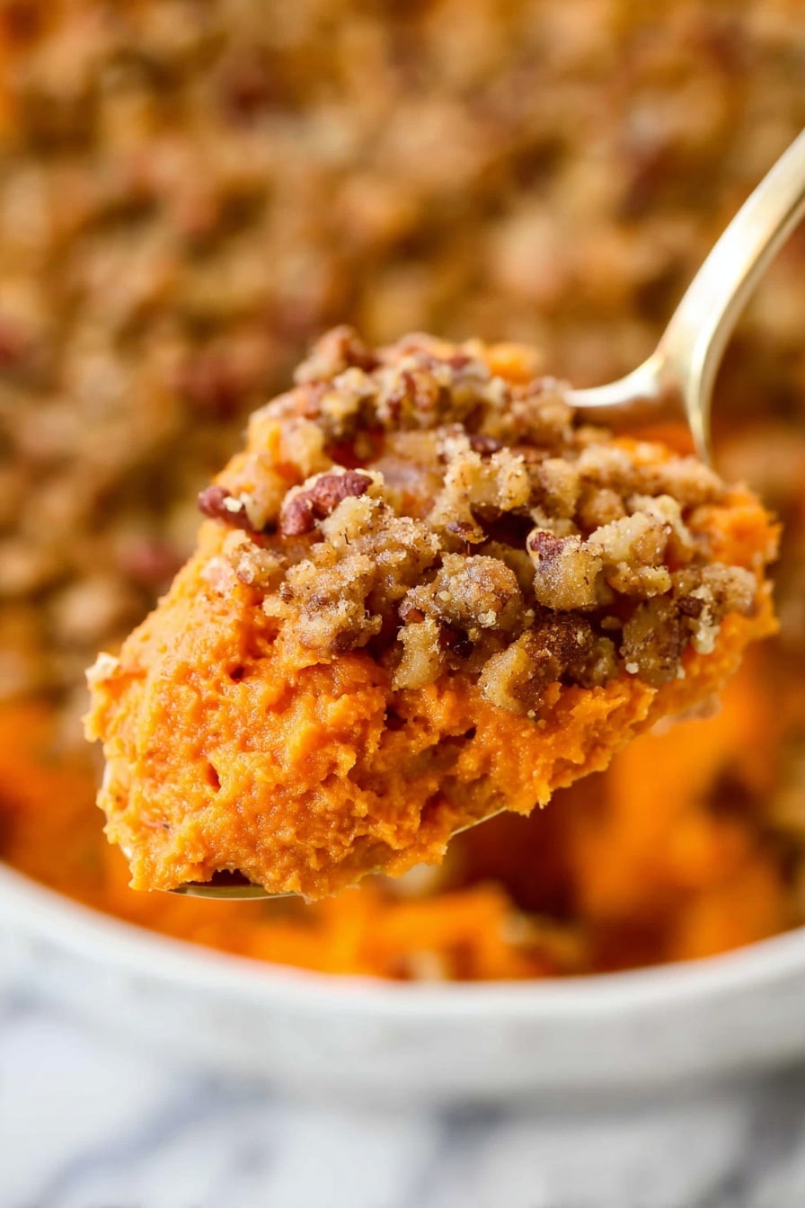 Vegan Sweet Potato Casserole with Pecan Topping, vegan sweet potato casserole, dairy-free sweet potato side dish, holiday vegan casserole, healthy vegan sweet potato dish - A close-up view of a spoon holding a portion of thick orange sweet potato mash topped with a crumbly brown pecan streusel. The sweet potato layer looks smooth with a soft texture, while the streusel on top is rough with small pecan pieces giving it a crunchy appearance. The background shows more of the sweet potato dish in a white bowl set on a white marbled surface, creating a warm and inviting look. photo taken with an iphone --ar 2:3 --v 7