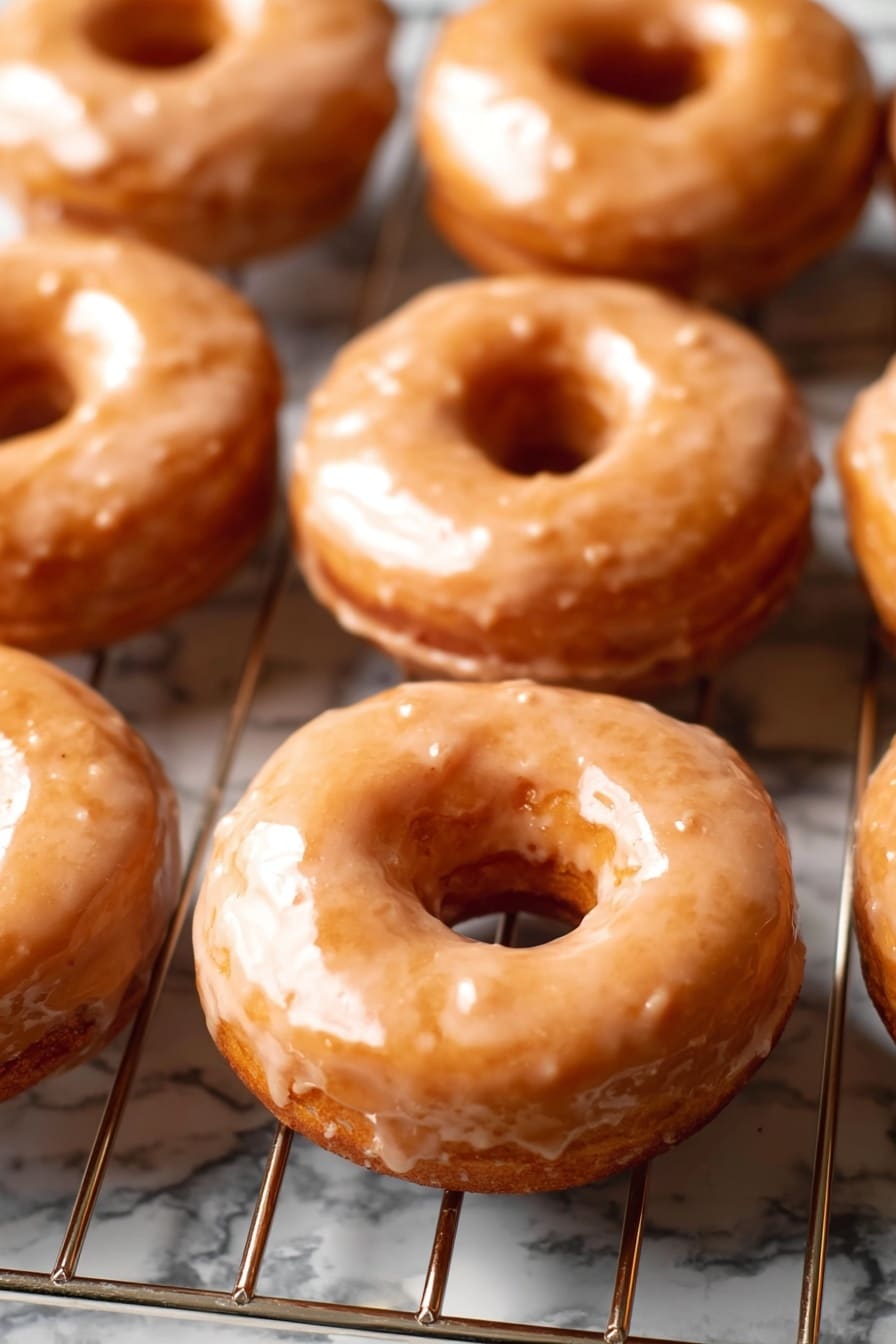 Vegan Pumpkin Donuts with Cinnamon Maple Glaze, vegan fall donuts, pumpkin spice vegan donuts, homemade vegan pumpkin donuts, plant-based pumpkin breakfast treats - The image shows a group of eight round donuts with a hole in the middle, all covered in a light brown glaze that looks smooth and shiny with a slightly textured surface. The donuts are placed on a metal cooling rack that has silver, straight bars running horizontally and vertically. The background features a white marbled texture. The lighting highlights the glossy glaze on the donuts, and the focus is sharp, showing the small details of the surface of the glaze and the soft texture of the donuts. photo taken with an iphone --ar 2:3 --v 7