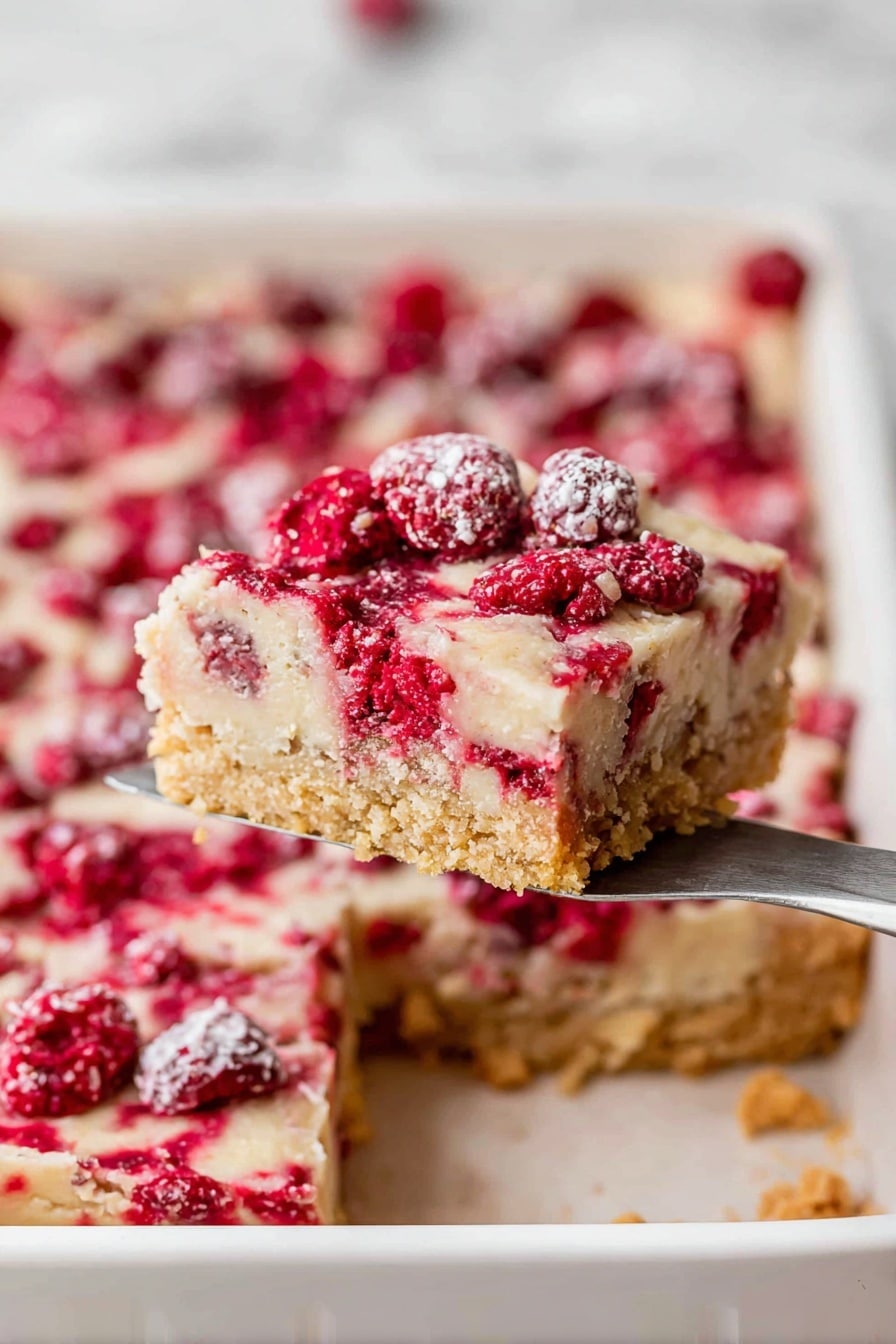 Cranberry Christmas Cake, festive holiday cake recipe, cranberry dessert ideas, holiday cake with cranberries, Christmas cake with orange zest - A square piece of dessert with three clear layers is being lifted by a spatula. The bottom layer is a golden, crumbly crust with a slightly rough texture. The middle layer is smooth and pale beige, forming a solid base. The top layer is a mix of bright red berries scattered inside a light, creamy topping that has a soft, slightly uneven texture with small bubbles and a dusting of sugar crystals. The dessert sits in a white baking pan, and the background shows the rest of the dessert still inside the pan, all placed on a white marbled surface. photo taken with an iphone --ar 2:3 --v 7