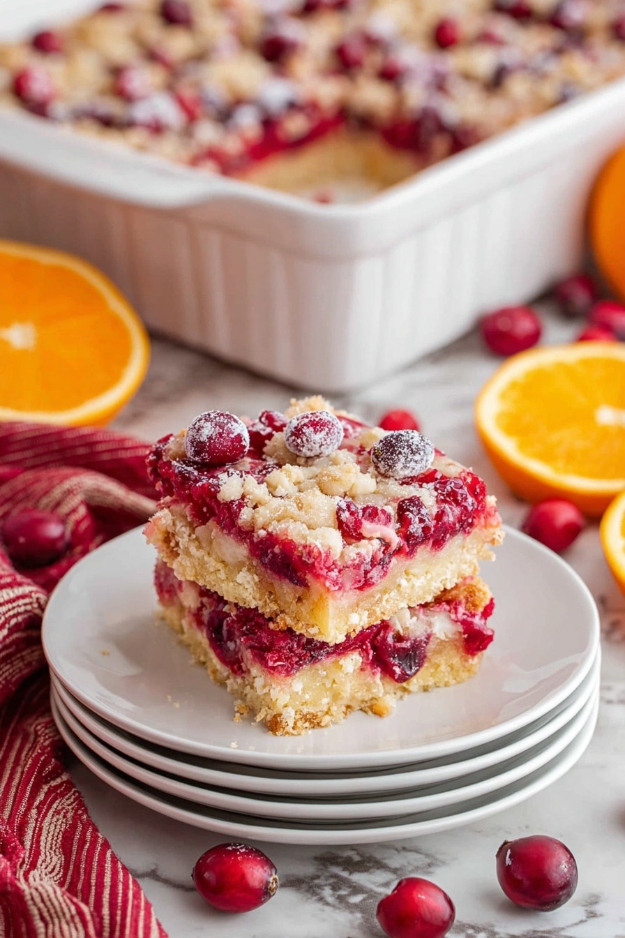 Cranberry Christmas Cake, festive holiday cake recipe, cranberry dessert ideas, holiday cake with cranberries, Christmas cake with orange zest - A square piece of cranberry dessert bar sits on top of a stack of four white plates. The dessert bar has three visible layers: a golden crumbly base, a bright red layer with whole cranberries, and a light creamy topping scattered unevenly with more cranberries. In the background, a larger white baking dish holds the rest of the dessert bar with the same layered pattern. The setup is on a white marbled surface with scattered cranberries, orange slices, and a red striped cloth partially visible. Photo taken with an iphone --ar 2:3 --v 7