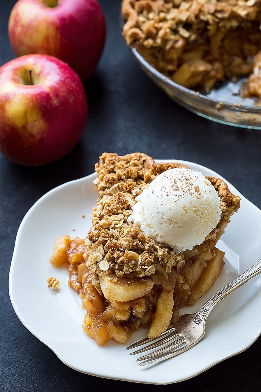 Gluten Free Vegan Apple Crumble Pie, gluten free vegan dessert, healthy apple crumble, dairy free apple pie, vegan fruit desserts - A slice of apple crumble pie sits on a white plate with a slightly scalloped edge. The pie has three layers: a golden-brown crust on the bottom, a chunky layer of cooked apple pieces with a warm orange tone in the middle, and a crumbly oat and brown sugar topping that is rough in texture and light brown in color. On top of the pie slice, there is a scoop of creamy vanilla ice cream melting slightly, with small brown specks sprinkled over it. A silver fork lies on the right side of the plate, resting on the edge. Nearby, two whole red apples with a slight yellowish tint and a round glass dish holding more apple crumble pie are placed on a dark surface. photo taken with an iphone --ar 2:3 --v 7