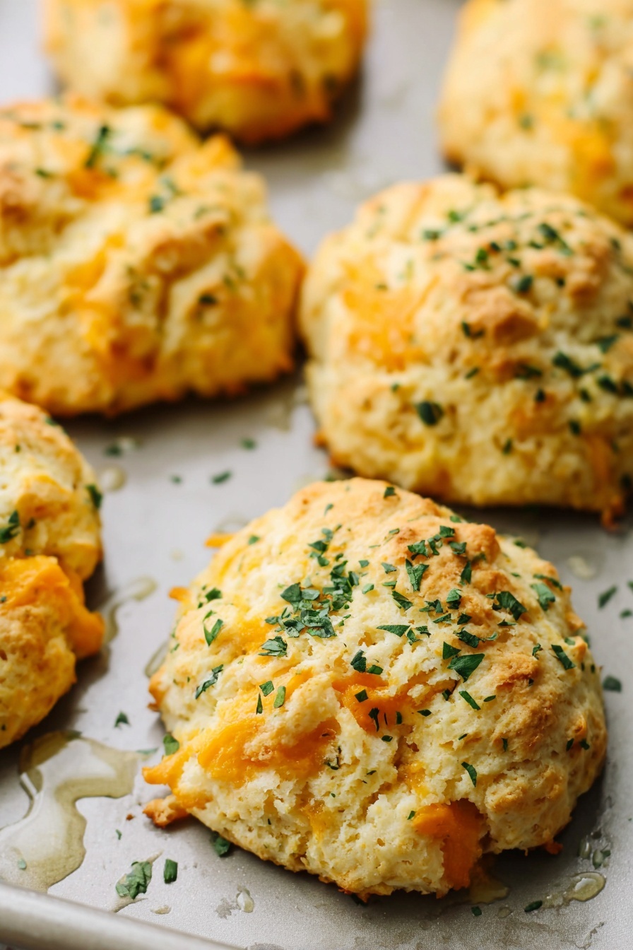 Vegan Cheddar Bay Biscuits, vegan cheesy biscuits, plant-based savory biscuits, vegan biscuit recipe, dairy-free cheesy biscuits - This image shows a close-up view of several soft, golden-yellow cheese biscuits with a rough, bumpy texture sitting on a baking tray. Each biscuit is round and slightly uneven in shape, with small pieces of melted orange cheese visible inside. The biscuits are sprinkled with finely chopped green herbs, adding small green flecks across the top. The background is a light gray tray with small droplets of oil around the biscuits, and the surface beneath is a white marbled texture. photo taken with an iphone --ar 2:3 --v 7