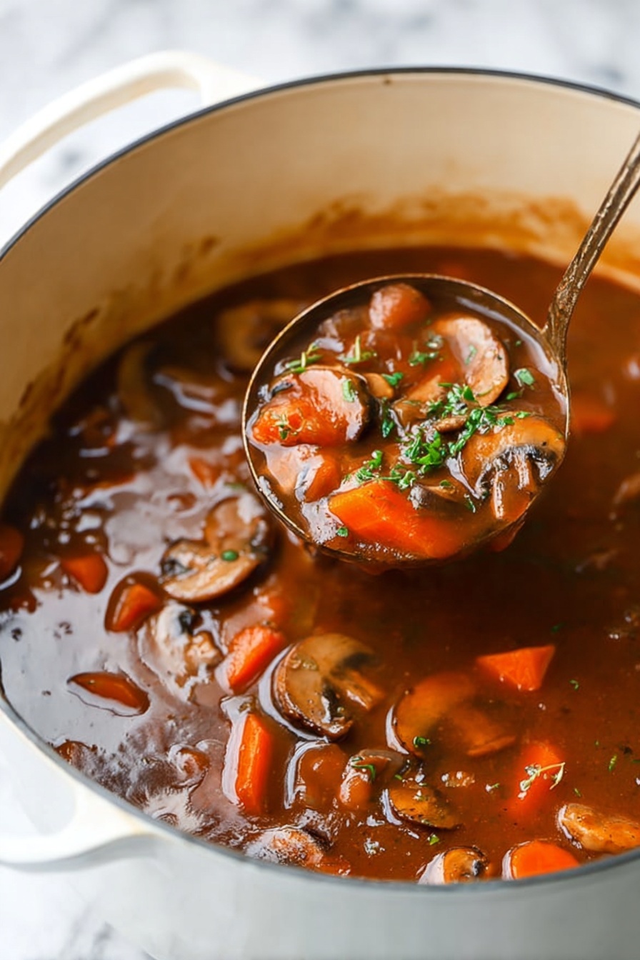 Mushroom Bourguignon, vegan mushroom stew, plant-based French stew, hearty mushroom recipes, vegetarian bourguignon - The image shows a white pot filled with a rich brown stew with visible slices of mushrooms and thick orange carrot pieces, all floating in a glossy, thick broth. A metal ladle is dipping into the stew, lifting some of the stew that highlights the mushrooms, carrots, and small bits of herbs sprinkled on top. The stew looks warm and thick with a mix of soft vegetable textures. The background is a white marbled texture. Photo taken with an iphone --ar 2:3 --v 7