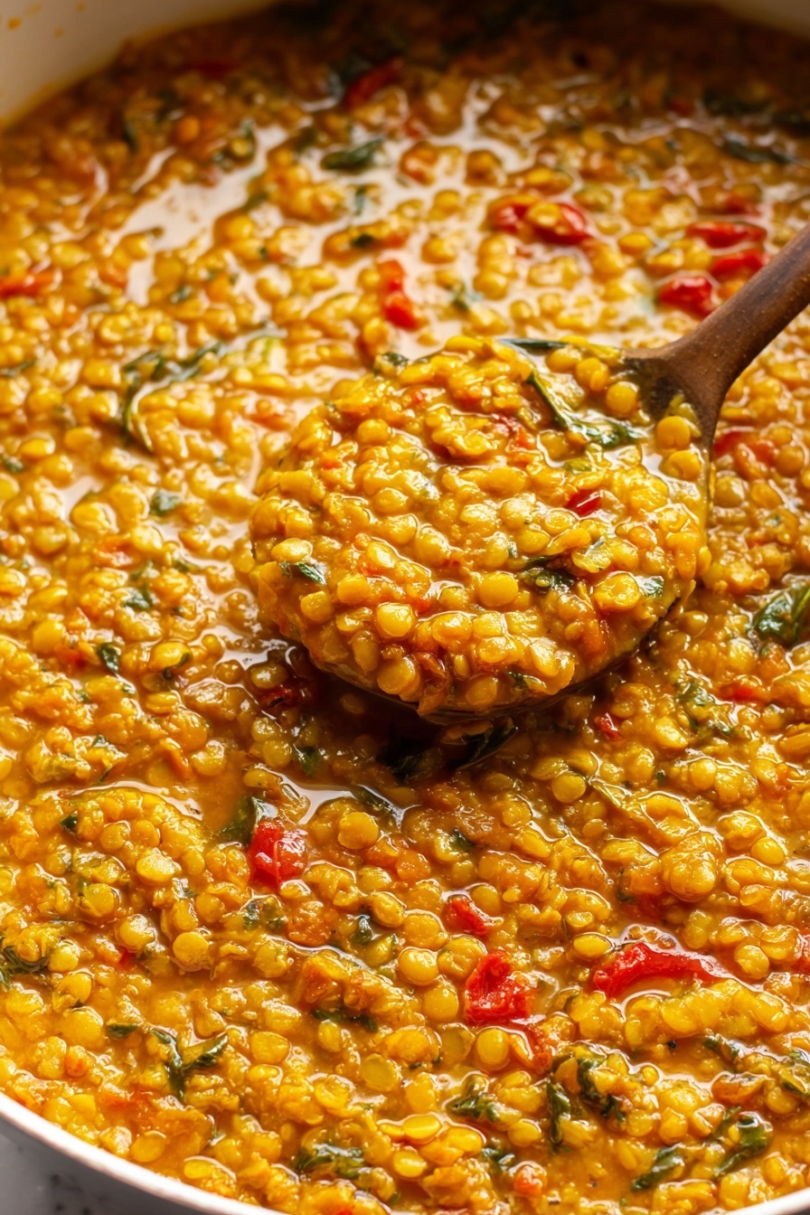 Red Lentil Dahl, Quick Red Lentil Dahl, Easy Indian Lentil Curry, Healthy Lentil Dinner, Vegetarian Lentil Recipes - A close-up view of a rich, thick lentil stew inside a white pan, showing a dense, creamy texture with visible small yellow lentils mixed with bits of green herbs and pieces of red bell pepper scattered throughout. The stew has a shiny, slightly oily surface, hinting it is freshly cooked with a mix of smooth and chunky parts. A spoon is partially dipped into the stew, lifting a generous scoop, highlighting the thick consistency and hearty mixture of ingredients, all set against a white marbled surface. photo taken with an iphone --ar 2:3 --v 7