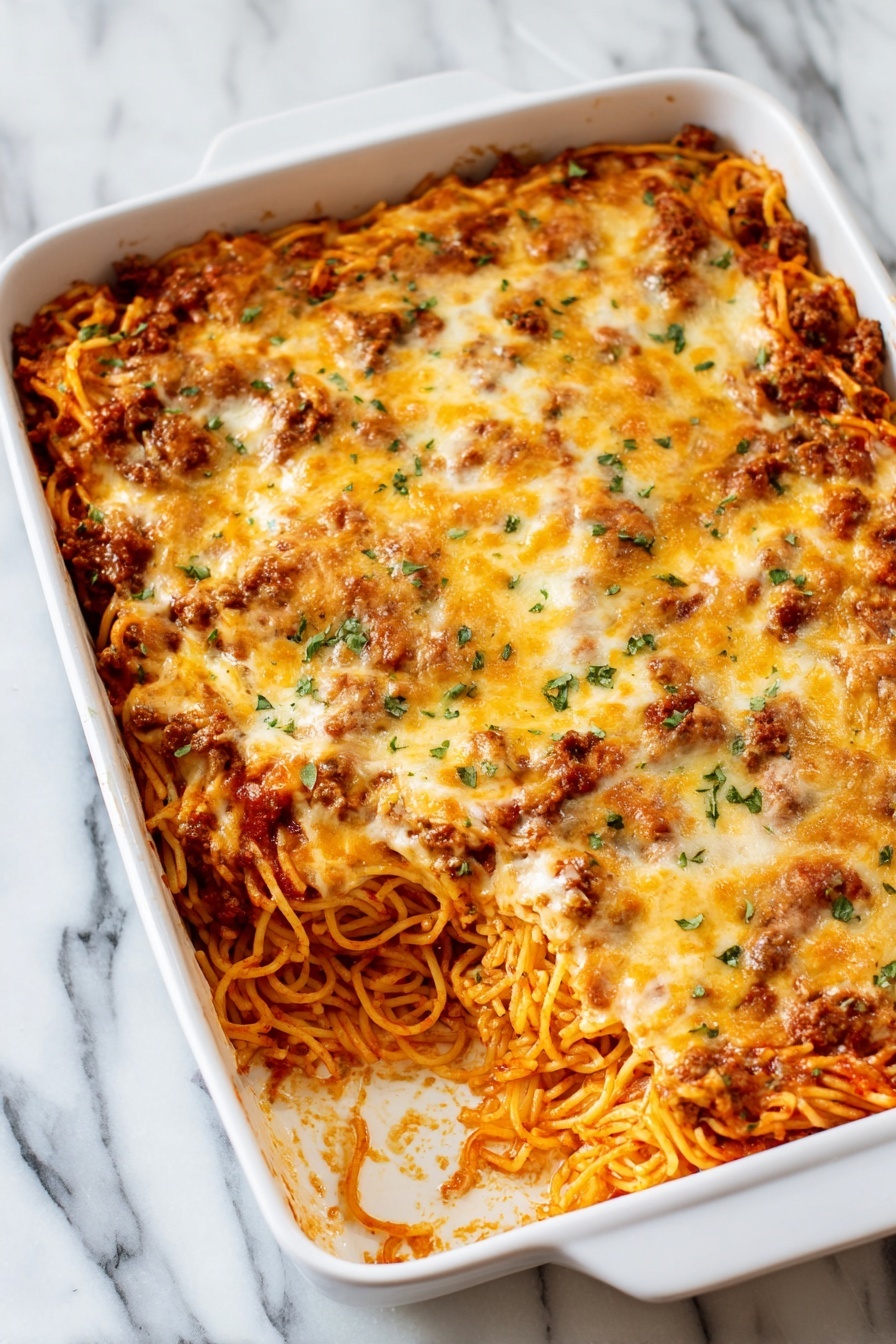 Easy Baked Spaghetti with Ground Beef and Melty Cheeses, baked spaghetti recipe, cheesy baked spaghetti, ground beef pasta bake, family favorite spaghetti dish - A baked pasta dish is shown inside a white rectangular baking dish placed on a white marbled surface. The top layer is golden brown melted cheese with browned spots, mixed with bits of browned meat and small green herb pieces sprinkled on top. Underneath the cheese layer are visible spiral pasta shapes coated in a creamy sauce with a light orange tint, mingled with the browned meat throughout the pasta. The surface looks bubbly and textured with some crispy edges at the corners. photo taken with an iphone --ar 2:3 --v 7