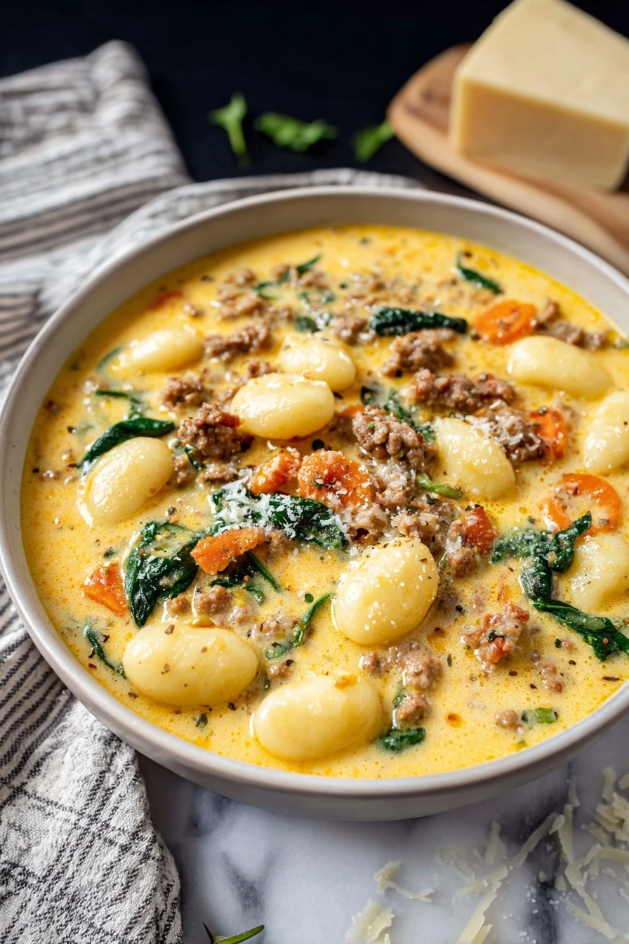 Creamy Italian Sausage Gnocchi Soup, Italian sausage gnocchi recipes, comforting gnocchi soups, easy sausage soups, hearty Italian soup recipes - The image shows a white bowl filled with a creamy soup featuring three main layers: a thick yellow-orange broth base, small pieces of cooked sausage scattered throughout, and soft gnocchi floating on top. Bright green spinach leaves and small bits of orange carrot are mixed into the soup, adding color contrast. The soup is sprinkled with shredded cheese and some black pepper. The bowl sits on a white marbled surface, with a piece of grated cheese and a cheese grater blurred in the background. Photo taken with an iphone --ar 2:3 --v 7