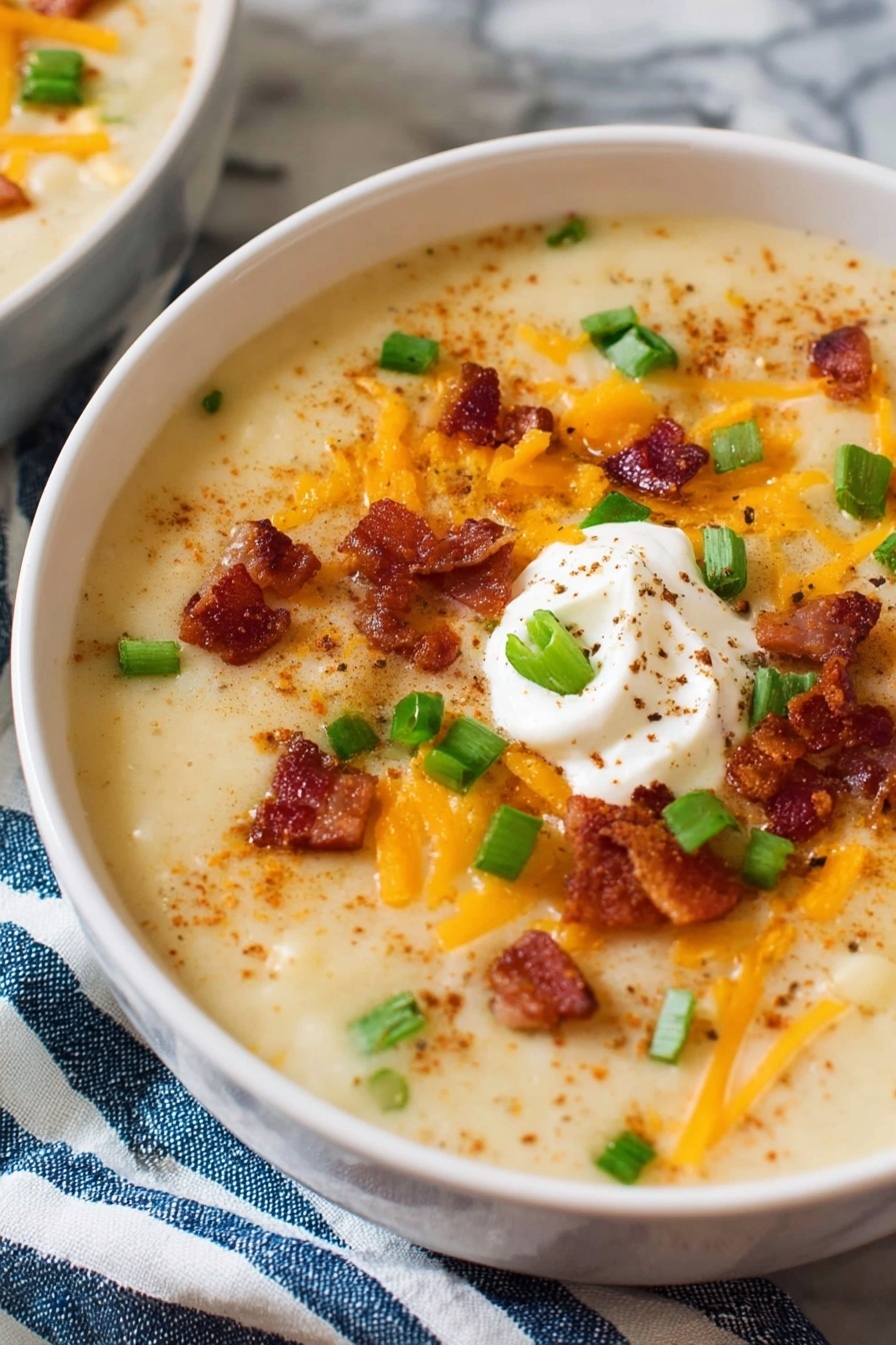 The Ultimate Potato Soup, creamy potato soup, hearty potato soup recipe, comforting potato soup, easy potato soup - A close-up of a white bowl filled with thick, creamy potato soup as the base layer, light beige in color with a smooth, slightly lumpy texture. On top, there are scattered pieces of bright orange shredded cheddar cheese, crispy bacon bits in reddish-brown color, small chunks of green chopped scallions, and a swirl of white sour cream. The soup surface is sprinkled with a dusting of light brown paprika, giving it a slight textured look. The bowl sits on a blue and white striped cloth with a white marbled background. Photo taken with an iphone --ar 2:3 --v 7