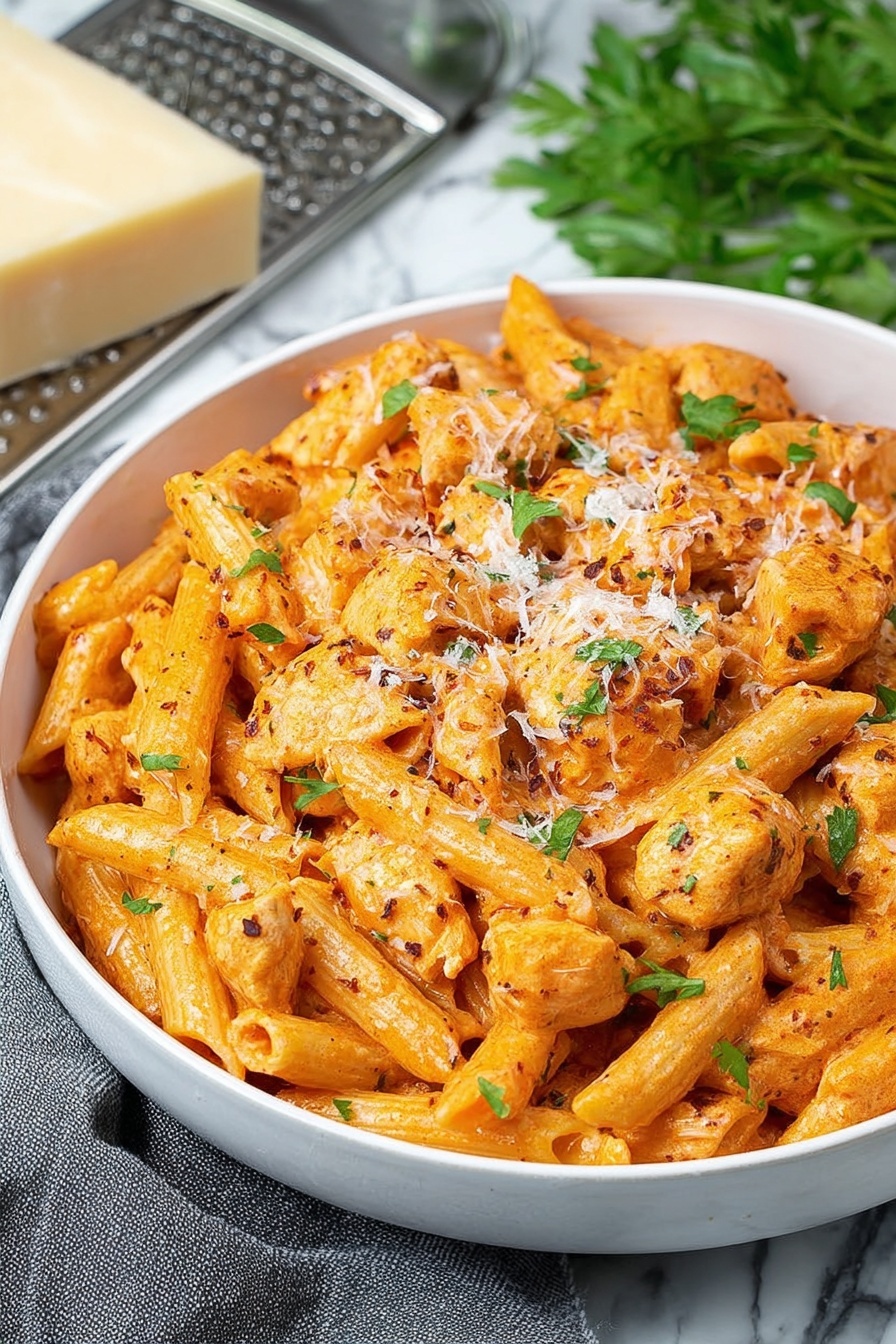 Chicken Parmesan Pasta, Chicken Parmesan Pasta recipe, easy Chicken Parmesan pasta, creamy Chicken Parmesan pasta, weeknight chicken pasta - A white shallow round bowl is filled with one layer of penne pasta mixed with bite-sized pieces of light brown chicken, all coated in a creamy orange sauce. Green parsley leaves are scattered on top along with small sprinkles of grated white cheese. The bowl sits on a white marbled surface with a metal grater and a block of cheese blurred in the background. photo taken with an iphone --ar 2:3 --v 7