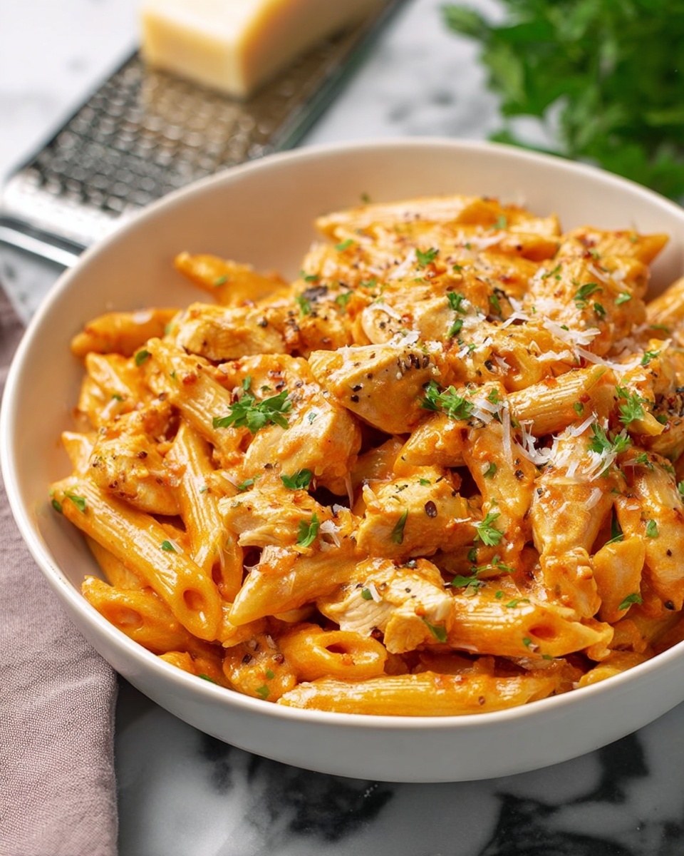 Chicken Parmesan Pasta, Chicken Parmesan Pasta recipe, easy Chicken Parmesan pasta, creamy Chicken Parmesan pasta, weeknight chicken pasta - The image shows a white bowl filled with creamy orange pasta with short tube shapes mixed with small chunks of chicken, both coated in a smooth, rich sauce. The dish is sprinkled with small bits of green herbs and tiny white shreds of cheese on top, adding color contrast and texture. The bowl is placed on a white marbled surface with some raw tube-shaped pasta scattered around it, and a metal grater with a beige handle is slightly visible in the background. The lighting highlights the creamy texture of the sauce and makes the herbs look fresh.photo taken with an iphone --ar 2:3 --v 7