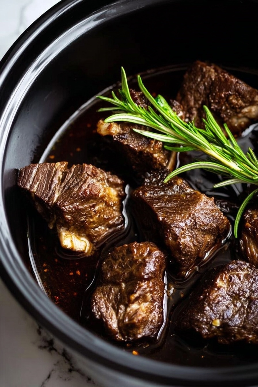 Slow Cooker Beef Short Ribs, beef short ribs slow cooker, tender beef short ribs, easy beef short ribs, savory beef ribs recipe - The image shows several dark brown, cooked beef chunks with seared edges sitting in a black pot filled with a thin layer of dark broth. A fresh green rosemary sprig lays on top of the beef pieces, adding a touch of color and freshness. The beef looks tender with some fat visible on the edges, and the pot's interior is shiny and black, contrasting with the rich brown meat. The background is a white marbled texture. photo taken with an iphone --ar 2:3 --v 7