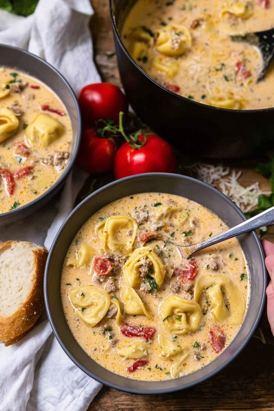 Sausage Tortellini Soup, creamy sausage tortellini soup recipe, comforting sausage and tortellini soup, easy sausage tortellini meal, quick savory soup with sausage - A creamy soup filled with yellow tortellini, small pieces of red tomatoes, green herbs, and bits of ground meat sits in two dark gray bowls on a wooden table. One bowl has a woman's hand holding a spoon resting in it, showing the thick texture of the soup. A large black pot with more soup and tortellini is partly visible in the background, near a white cloth and two fresh red tomatoes on the vine. A piece of crusty bread is next to the front bowl. The surface underneath everything is a white marbled texture. Photo taken with an iphone --ar 2:3 --v 7