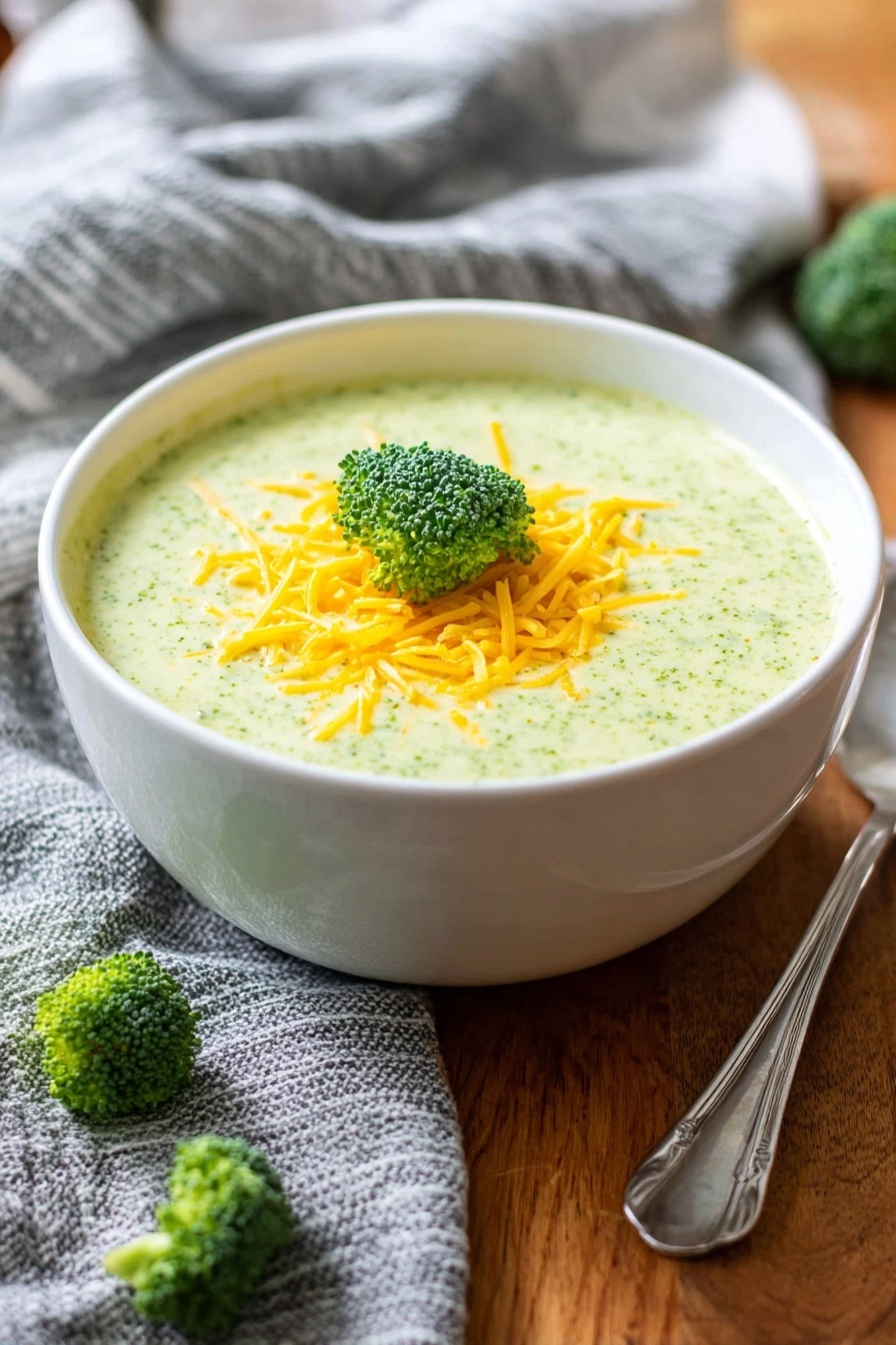 Cream of Broccoli Soup, broccoli soup recipe, healthy broccoli soup, easy broccoli soup, comforting vegetable soup - A white bowl holds creamy light green broccoli soup, topped with a small pile of bright yellow shredded cheddar cheese and a single small green broccoli floret on top. The bowl is set on a wooden surface, with a few small broccoli florets beside it. A silver spoon rests to the right of the bowl, and a loosely folded gray and white striped cloth is visible in the background. The scene is warm and inviting, with soft natural light. photo taken with an iphone --ar 2:3 --v 7