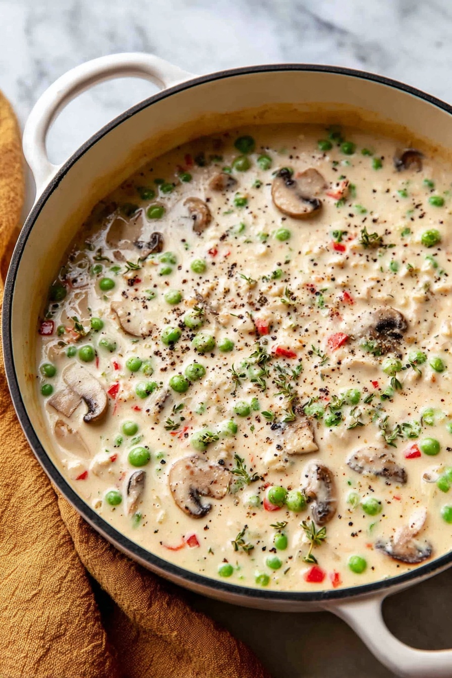 Chicken a la King, Classic Chicken a la King, chicken skillet recipes, creamy chicken dinner, easy chicken recipes - A wooden spoon lifts a creamy soup filled with visible layers of texture and color: soft white sauce mixed with small green peas, bright red bell pepper pieces, and slices of brown mushrooms. Fresh green herbs are sprinkled on top, and ground black pepper is scattered over the surface, adding texture and dark specks. The dish is held over a white marbled surface, showing more of the creamy soup below with the same mix of vegetables and sauce, creating a rich, hearty look. photo taken with an iphone --ar 2:3 --v 7