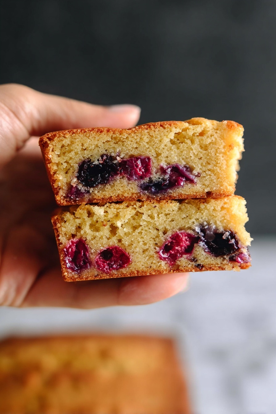 Berry Snack Cake Paleo Gluten-Free, Paleo berry cake recipe, gluten-free berry cake, healthy snack cake with berries, grain-free dessert recipes - A close-up of a piece of cake held by a woman's hand, showing two layers: a thick, golden-brown, soft porous cake on top and bottom, with a middle section containing embedded dark purple and red berries, juicy and slightly textured, adding color contrast inside the light-baked cake. The background is blurred with a white marbled texture beneath, creating a clean and simple setting. photo taken with an iphone --ar 2:3 --v 7