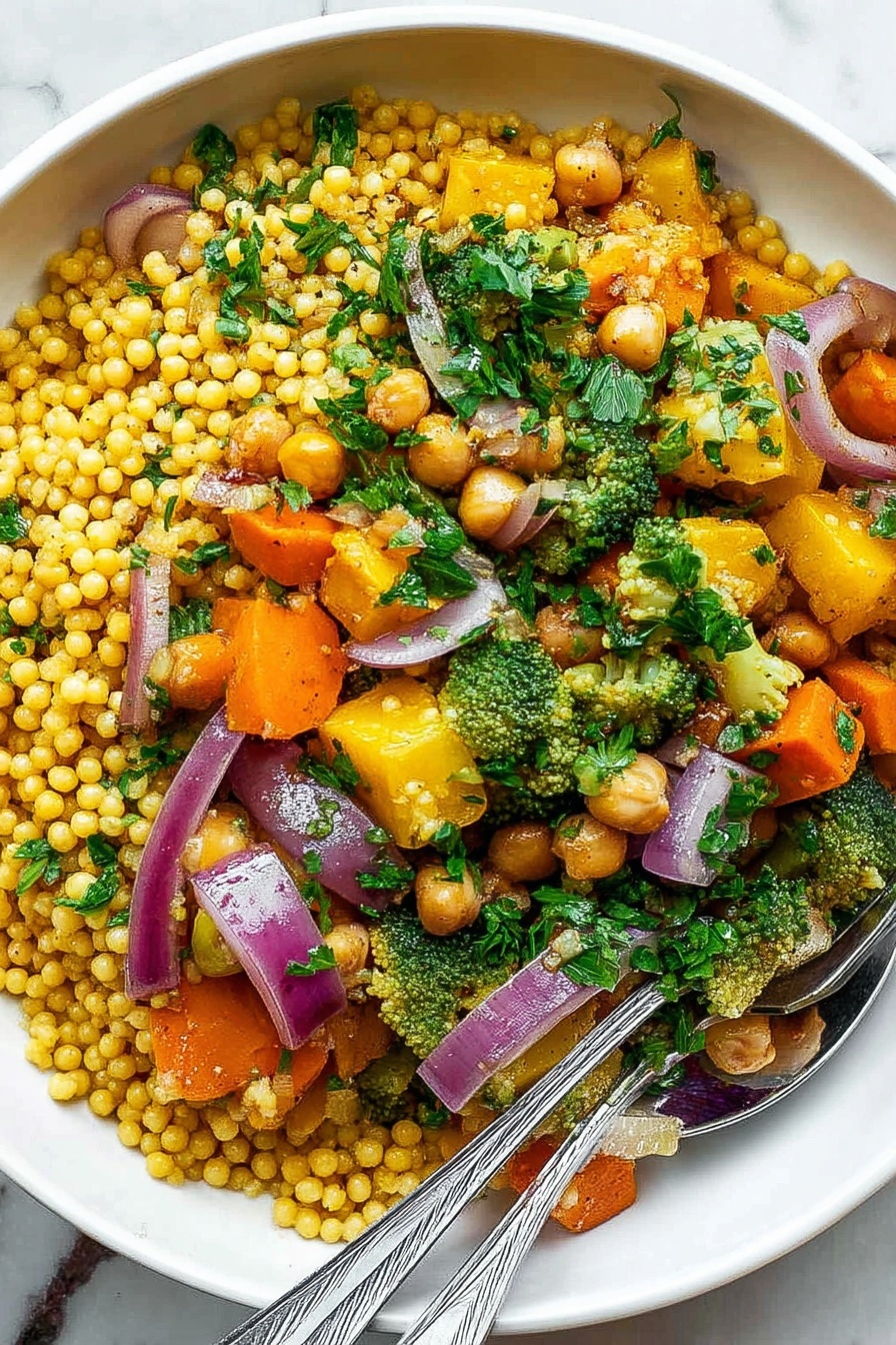 Roasted Pumpkin Couscous Salad with Cranberries and Pumpkin Seeds, Fall salad with roasted pumpkin and cranberries, Easy healthy autumn salad, Cozy vegetarian pumpkin salad, Vibrant pumpkin couscous bowl - A white bowl filled with a colorful couscous salad that has three main layers. The base layer is small, round, yellow couscous pearls that cover most of the surface. Mixed within this are soft, orange carrot slices, chickpeas, and light green broccoli pieces. The top layer has fresh chopped green parsley leaves sprinkled all over. There are also chunks of cooked yellow squash and purple onion wedges spread evenly throughout. Two silver forks rest at the bottom left inside the bowl. The bowl is set on a white marbled surface. photo taken with an iphone --ar 2:3 --v 7