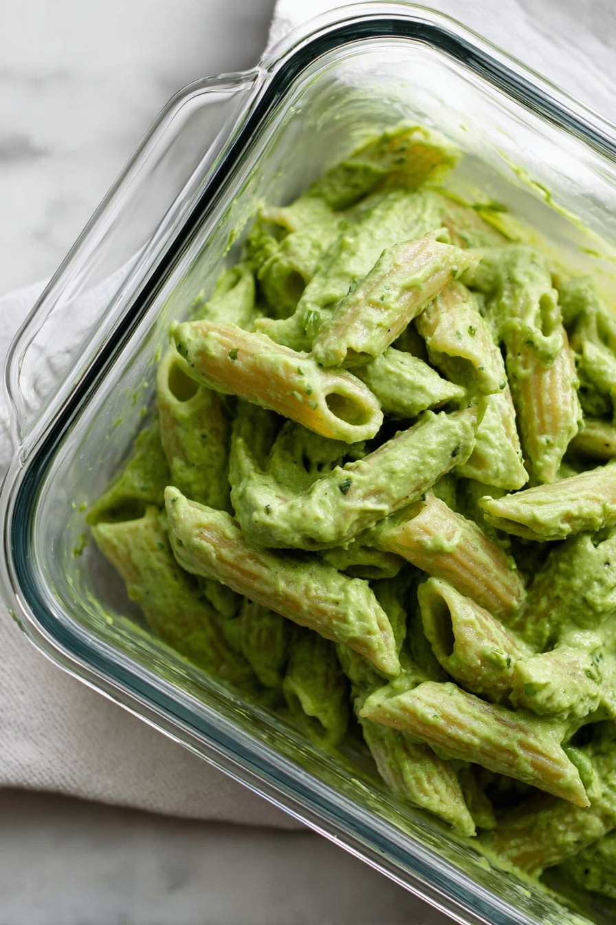 Green Pea Pasta with Basil and Tofu, healthy vegan pasta, gluten-free green pea pasta, dairy-free creamy pasta, vegetarian green pea recipe - The image shows a clear glass square dish filled with penne pasta coated in a thick, green sauce. The pasta pieces are close together, each covered evenly with the creamy, bright green sauce that has a smooth texture with some small bits visible. The dish is placed on a surface with a white marbled texture and there is a white cloth next to it. The edge of a transparent dish lid is slightly visible at the top left corner. photo taken with an iphone --ar 2:3 --v 7