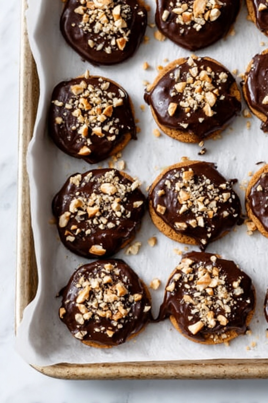 Peanut Butter Chocolate Coated Crackers Sandwiches, crunchy chocolate cracker treats, quick peanut butter snack, easy chocolate-covered crackers, no-bake cracker desserts - The image shows a tray lined with white parchment paper filled with round cookies topped with thick, smooth dark chocolate frosting and sprinkled generously with chopped light brown nuts. The cookies have a soft brown color underneath the chocolate layer. Each cookie is round and slightly uneven at the edges, and the chocolate topping covers the entire top surface, dripping slightly over the sides. The nuts add a rough, crunchy texture contrast to the smooth chocolate, and the tray sits on a white marbled surface. Photo taken with an iphone --ar 2:3 --v 7