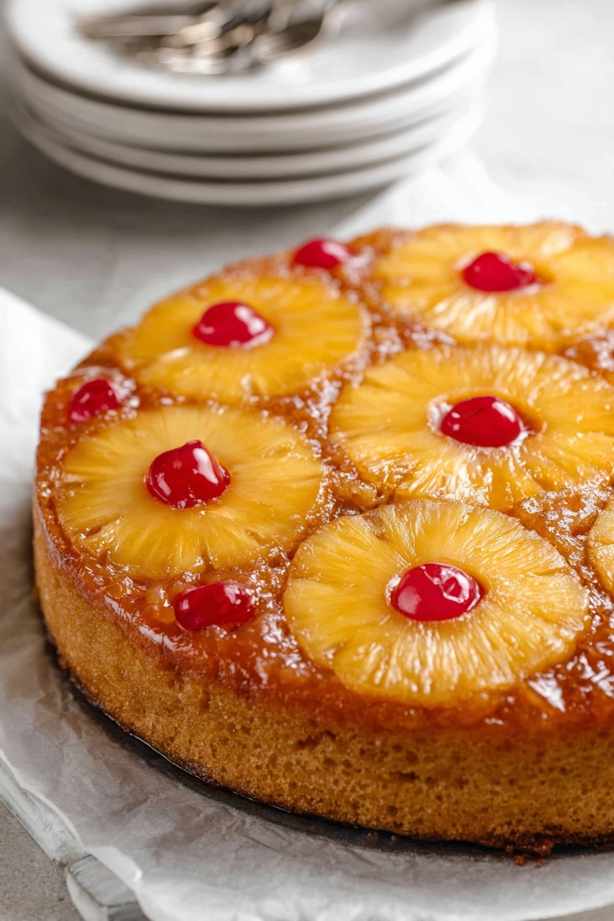 Vegan Pineapple Upside Down Cake, vegan pineapple cake, dairy-free upside down cake, tropical vegan dessert, plant-based pineapple cake - A round pineapple upside-down cake with five bright yellow pineapple rings evenly spaced on top, each circle featuring a shiny red cherry in the center. The golden-brown cake base is thick with a smooth, slightly shiny glaze covering the fruit and surface. The cake sits on white parchment paper with a soft, white marbled surface beneath. In the background, blurred white plates and silver forks rest stacked. Photo taken with an iphone --ar 2:3 --v 7