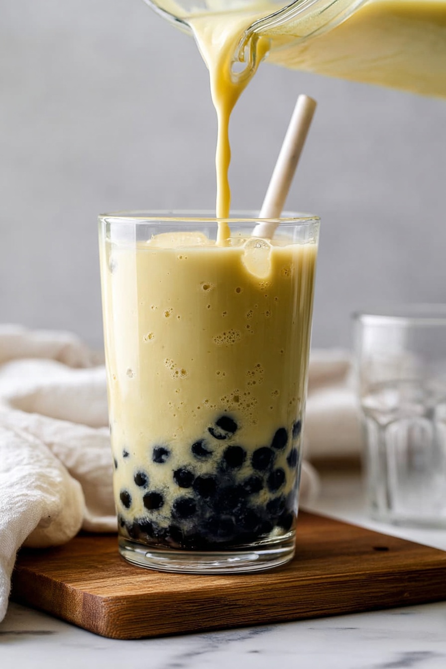 Mango Bubble Tea, homemade bubble tea, fruity bubble tea, tapioca pearl drink, how to make bubble tea at home - A clear glass filled with a layer of black tapioca pearls at the bottom, topped with a thick, pale yellow creamy liquid being poured from a blender jar above. The drink has small bubbles on its surface and a smooth texture, and a white straw is inserted into the glass. The glass sits on a small wooden board placed on a white marbled surface, with a blurred white cloth and an empty clear glass in the soft background. Photo taken with an iphone --ar 2:3 --v 7