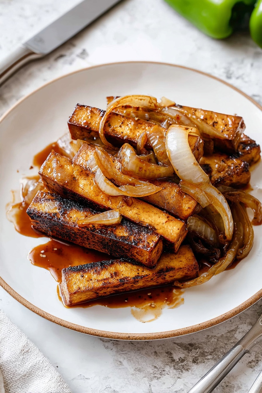 Sautéed Lime Tofu, lime tofu stir-fry, quick vegetarian dinner, tangy tofu recipe, plant-based tofu dishes - The dish shows thick rectangle pieces of grilled tofu stacked in a slight pile on a white plate, each piece having a brown grilled surface with darker char marks. Scattered among and on top of the tofu pieces are caramelized, translucent onion slices in light brown and pale white colors. The tofu and onions are coated in a shiny, reddish-brown sauce that drips slightly onto the plate. The plate sits on a white marbled textured surface with a silver knife and fork placed next to it, and two green bell peppers are partially visible on the upper right side. photo taken with an iphone --ar 2:3 --v 7