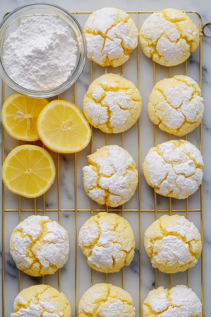 Lemon Crinkle Cookies, Lemon Crinkle Cookies Recipe, Bright Lemon Cookies, Soft Lemon Cookies, Zesty Lemon Cookies - A top view of twelve yellow lemon cookies with cracks on top, each dusted with white powdered sugar, arranged neatly on a gold cooling rack placed over a white marbled surface. Three lemon halves with bright yellow peel and juicy pale yellow interior are placed in between the cookies. A clear glass bowl filled with white powdered sugar is seen at the top left corner. The cookies have a soft, cracked texture with powdered sugar filling the cracks. Photo taken with an iphone --ar 2:3 --v 7