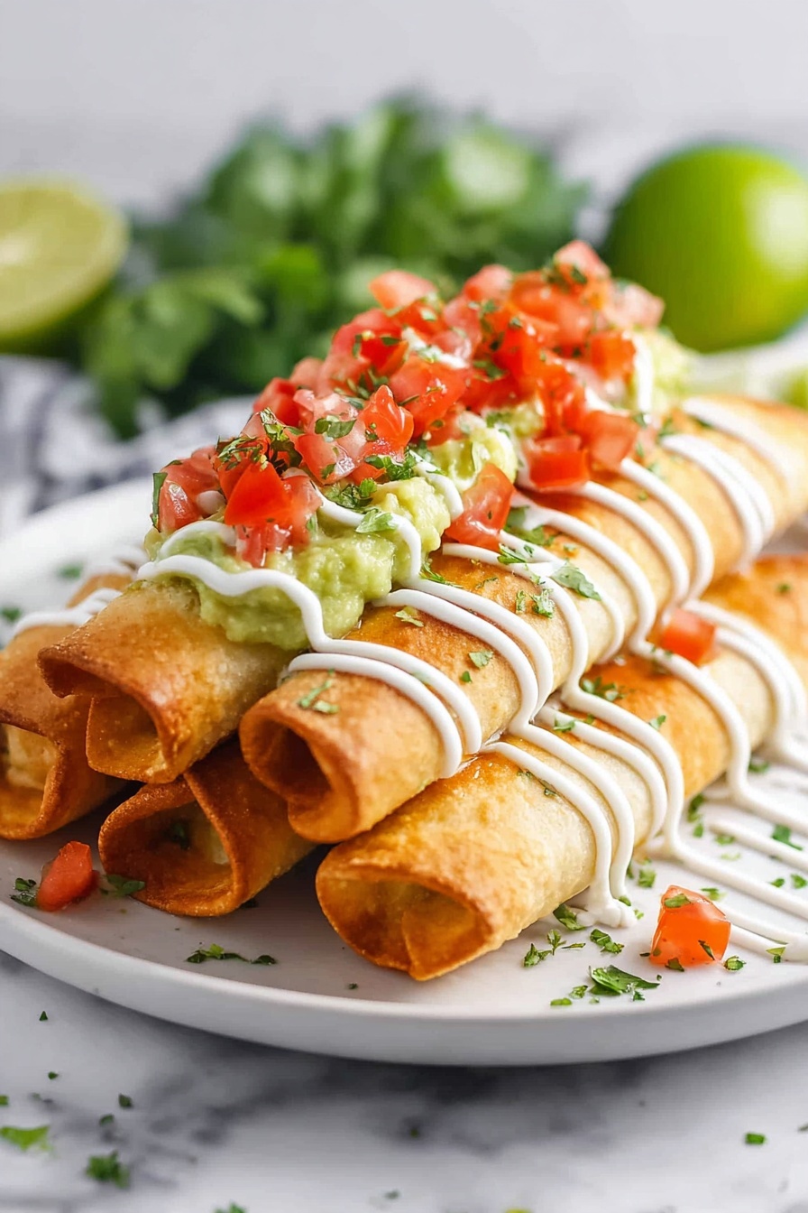 Air Fryer Chimichangas, crispy chimichangas, Mexican appetizers, quick air fryer recipes, cheesy chimichangas - On a white plate on a white marbled surface, there are four golden brown rolled tacos stacked slightly on each other. Each taco is topped with a green guacamole layer that has a smooth texture and chopped red tomatoes sprinkled on it. Thin lines of white sour cream sauce run across the tacos vertically. Small green herb pieces are scattered on top and around the plate, adding a fresh touch. The background shows a blurred green lime and leafy greens. photo taken with an iphone --ar 2:3 --v 7