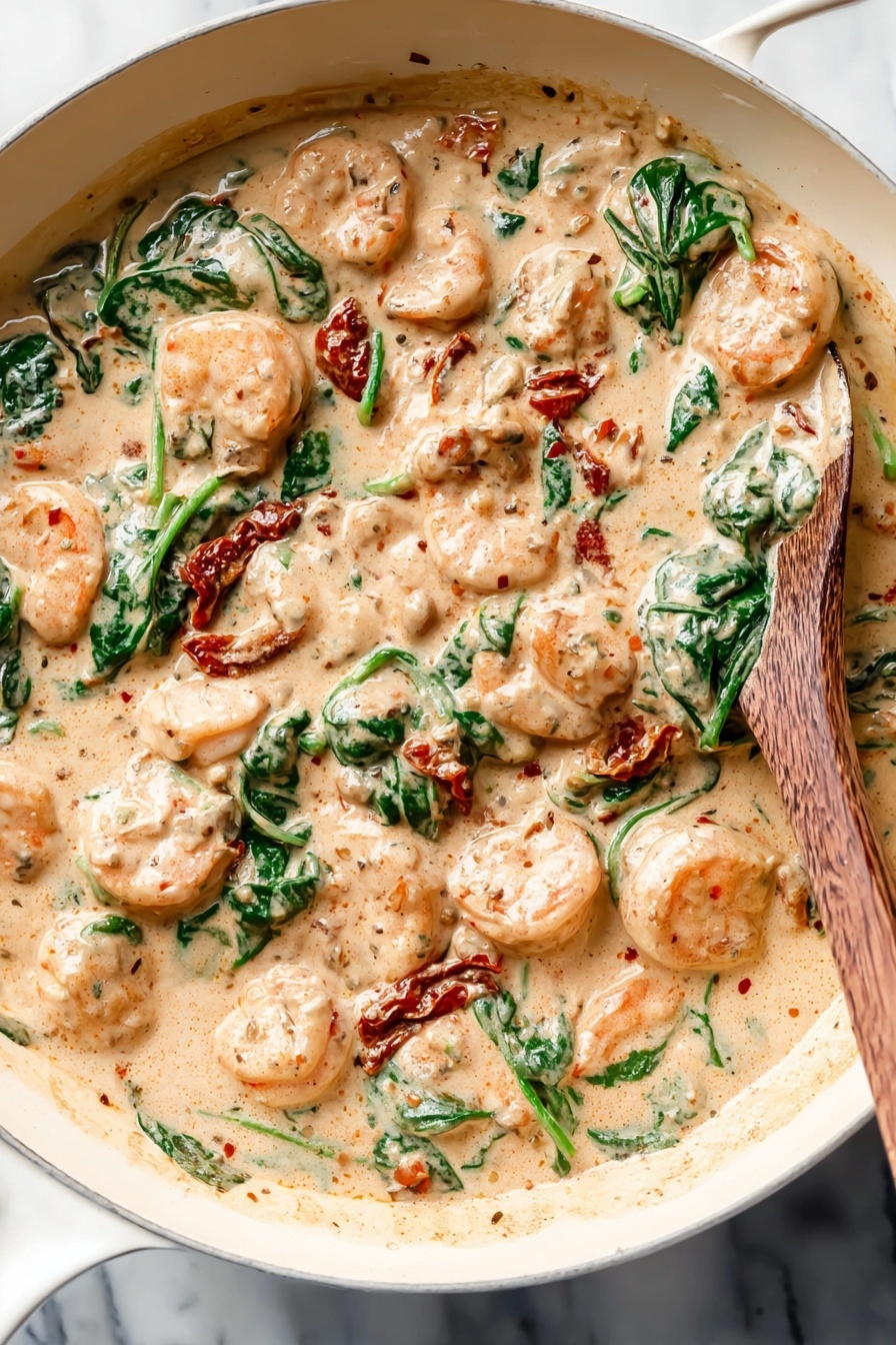 Creamy Tuscan Garlic Shrimp, garlic shrimp recipes, Tuscan shrimp skillet, easy seafood dinner, creamy shrimp pasta - A creamy dish in a white pan shows many plump shrimp covered in a thick light beige sauce with small red and black specks. Bright green spinach leaves are mixed throughout, adding fresh color and soft texture. There are also pieces of reddish sun-dried tomatoes scattered around, giving a burst of deeper red color within the sauce. The sauce looks smooth and rich, filling the pan almost to the edge with some lighter creamy swirls near the sides. A wooden spoon is partially visible on the right side, resting in the sauce against the white pan. The scene is set on a white marbled surface. photo taken with an iphone --ar 2:3 --v 7