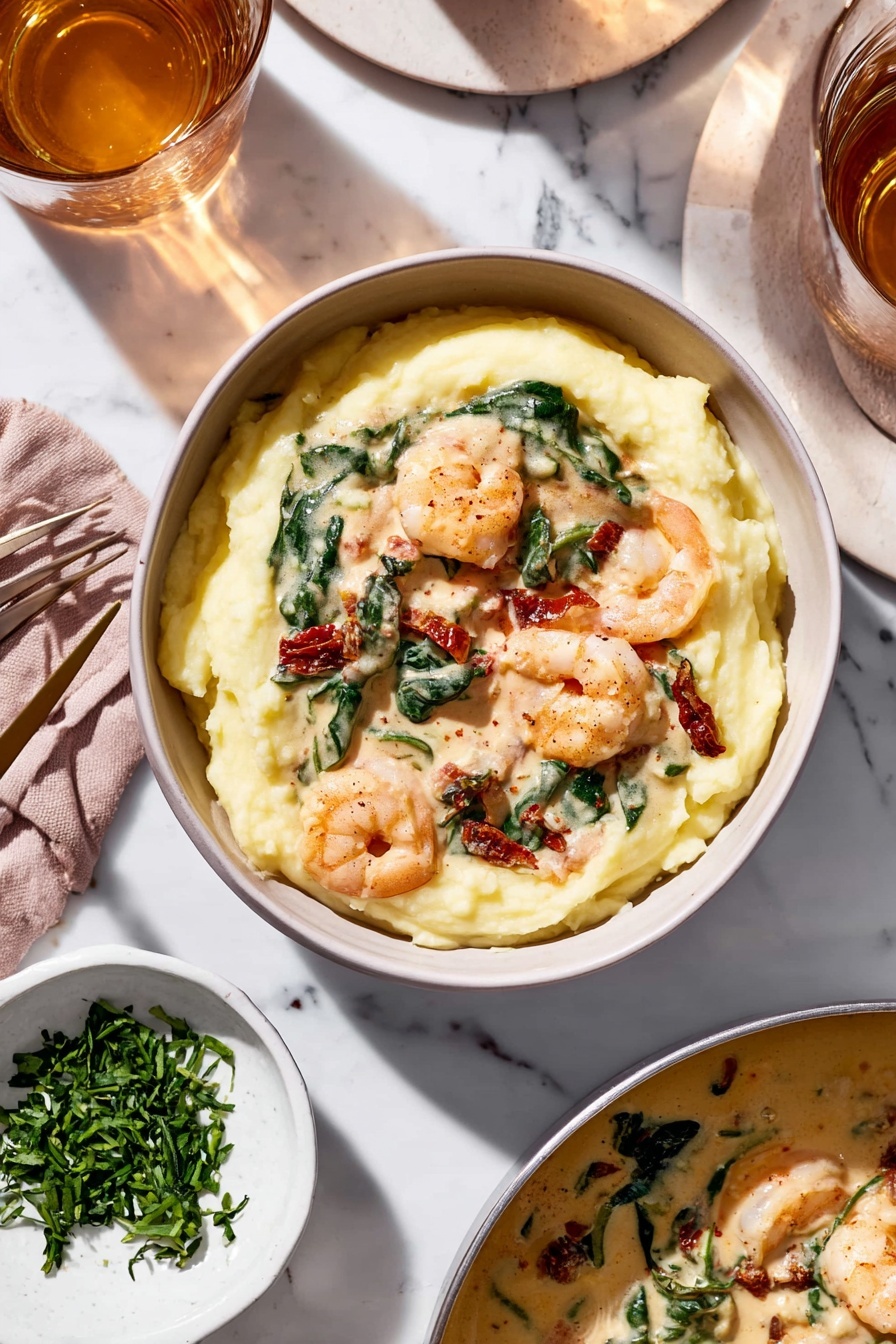 Creamy Tuscan Garlic Shrimp, garlic shrimp recipes, Tuscan shrimp skillet, easy seafood dinner, creamy shrimp pasta - The dish shows one white bowl filled with three layers: the bottom layer is smooth creamy mashed potatoes in pale yellow, the middle layer is a light beige creamy sauce with visible chunks of shrimp and pieces of spinach with dark green leaves, and the top layer features shrimp in the sauce, with some spinach leaves and bits of sun-dried tomatoes adding dark red spots. The bowl is set on a white marbled surface next to a small white bowl with chopped green herbs, a glass of light amber drink casting soft shadows, and part of a pan containing more creamy shrimp sauce. A fork lies nearby on the surface, and a woman’s hand is not directly visible but implied by the close-up setting. photo taken with an iphone --ar 2:3 --v 7