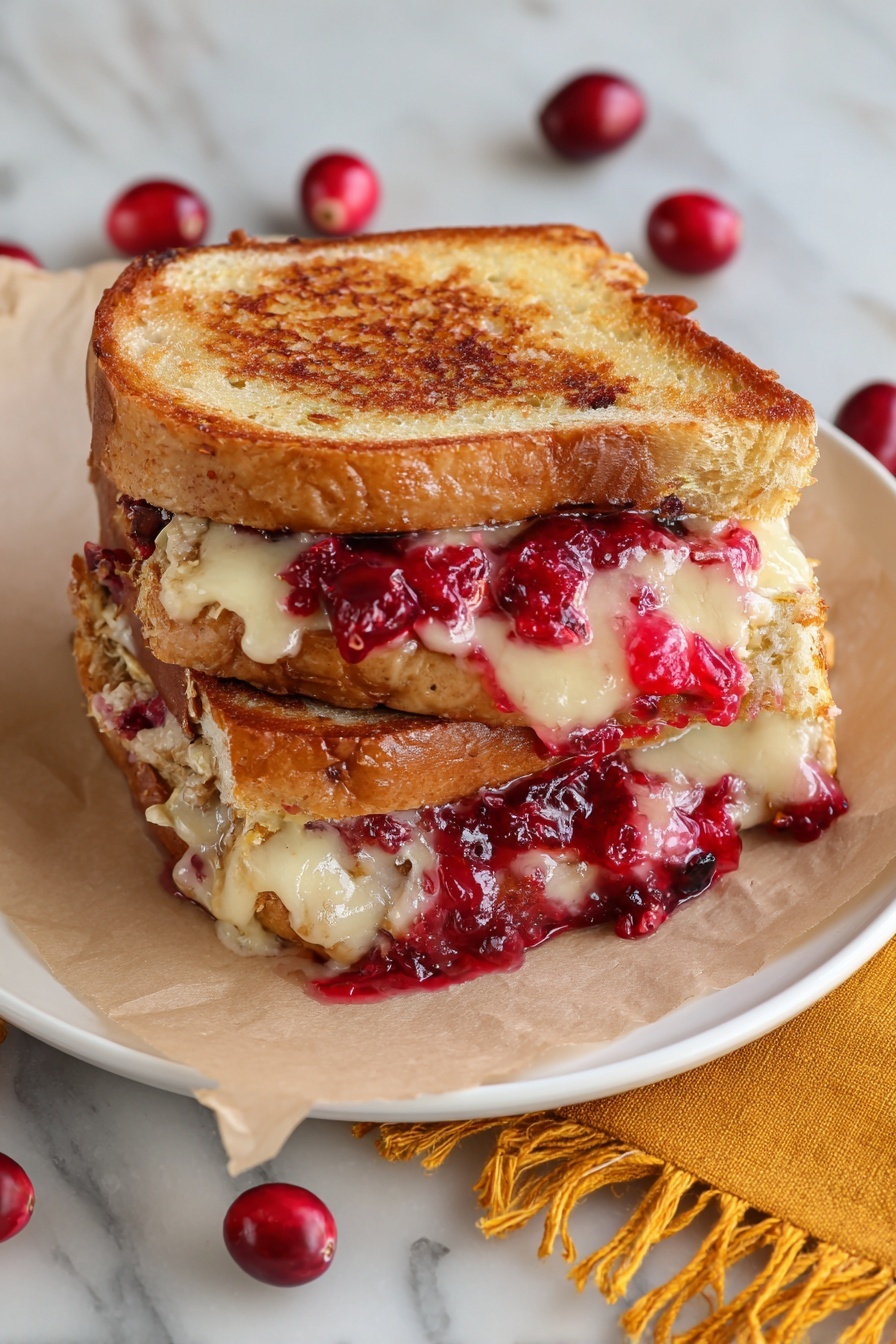 Cranberry Turkey Grilled Cheese, turkey grilled cheese with cranberry, savory turkey sandwich, holiday leftover sandwiches, easy cranberry grilled cheese - A grilled sandwich with two toasted golden-brown bread slices stacked on top of each other, showing melted white cheese oozing out between the layers along with bright red cranberry sauce. The sandwich is placed on a piece of parchment paper on a white plate, all set on a white marbled surface. Some whole cranberries are scattered around the plate, and a mustard-yellow fringed cloth is partly visible at the bottom right corner. Photo taken with an iphone --ar 2:3 --v 7
