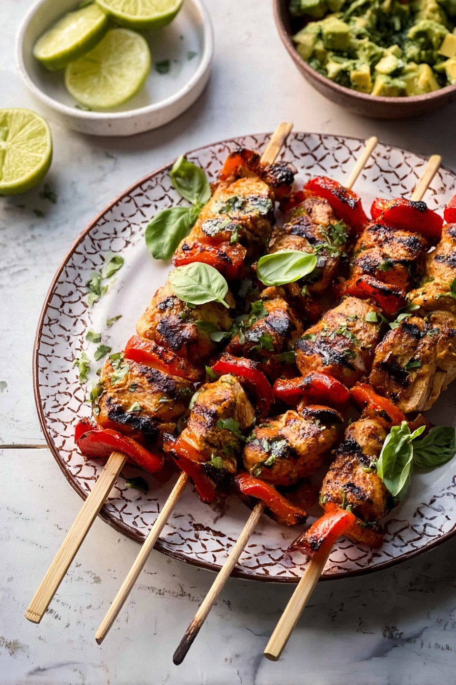 Grilled Chili Lime Honey Chicken, grilled chili lime honey chicken with roasted sweet potatoes and avocado salsa, flavorful grilled chicken recipes, quick healthy chicken meals, easy summer chicken recipes - Four wooden skewers lie side by side on a white plate with a brown patterned rim, each skewer layered with pieces of grilled chicken and red bell pepper slices. The chicken pieces are golden brown with visible grill marks and a slightly charred texture. Bright green basil leaves are placed sparingly on top of the skewers. The plate rests on a white marbled surface. On the left side, there are two squeezed lime halves and a white bowl with chopped green herbs and avocado chunks. The scene is lit with natural light, emphasizing the freshness and char of the food. Photo taken with an iphone --ar 2:3 --v 7