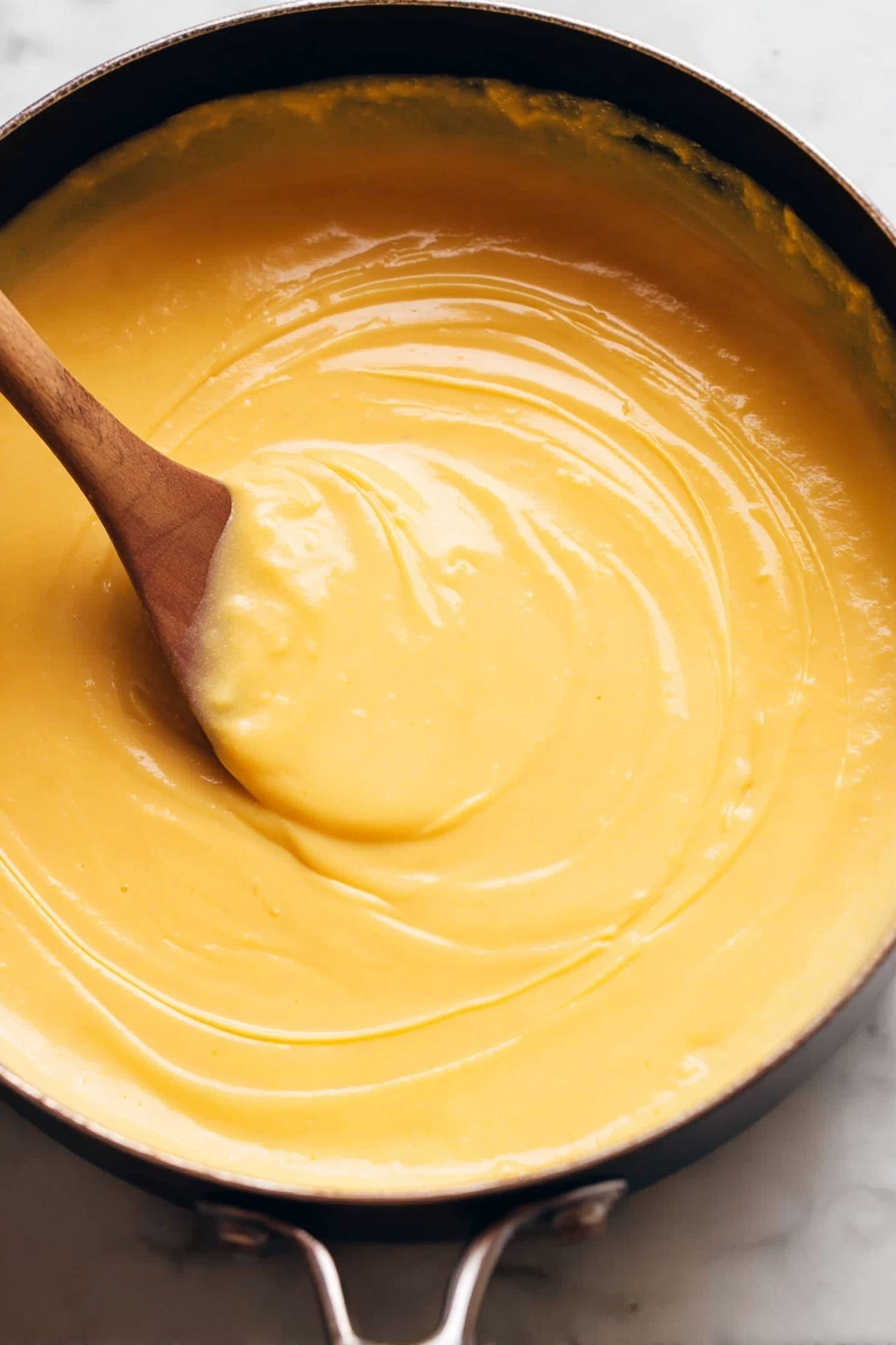 Vegan Beer Cheese, vegan cheese dip, dairy-free beer cheese, plant-based cheese sauce, vegan beer cheese dip - A close-up view of a large black pot filled with smooth, creamy, yellow soup or sauce, with a wooden spoon partially submerged stirring the thick mixture, creating a swirl pattern on the surface. The pot sits on a white marbled surface, highlighting the rich texture and warm color of the liquid. Photo taken with an iphone --ar 2:3 --v 7